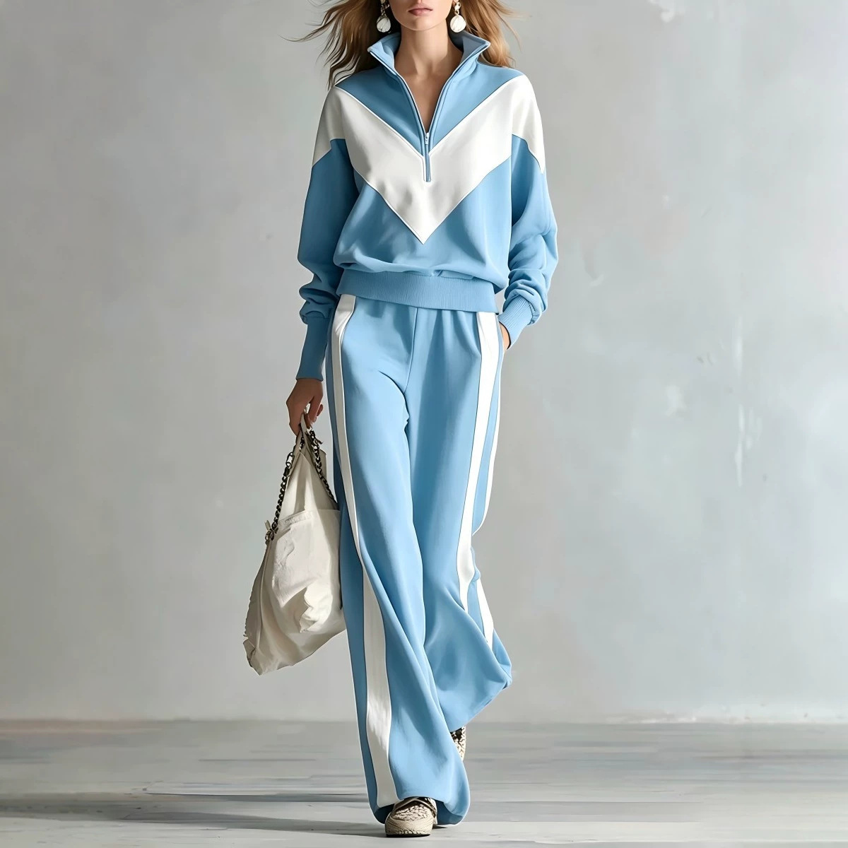 Chic Color‑Block Half‑Zip Tracksuit Two‑Piece Outfit