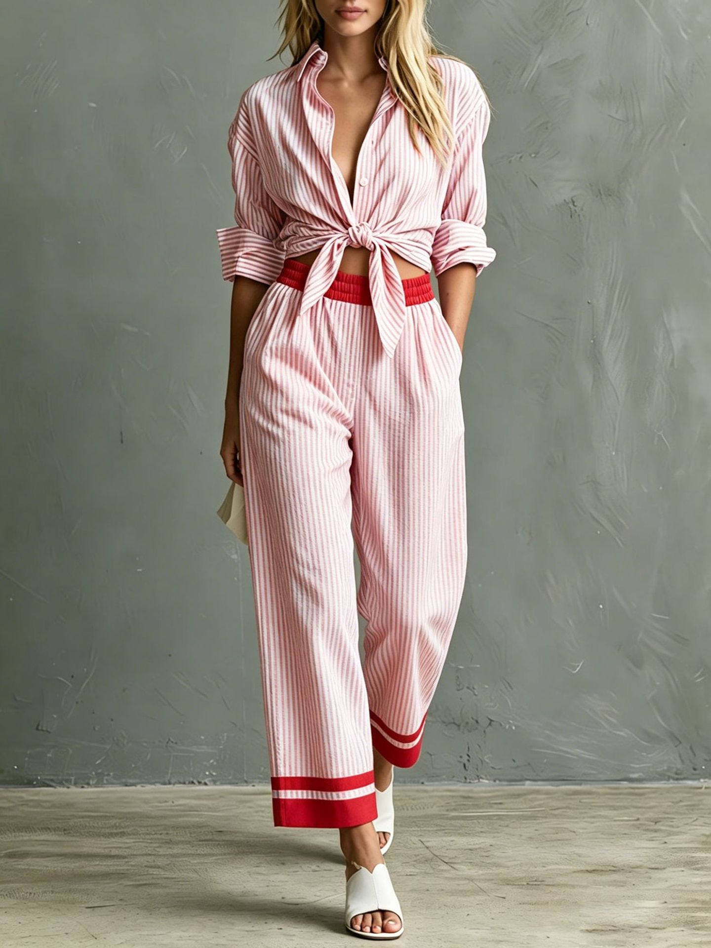Striped Tie Front Shirt Wide Leg Pant 2 Piece Outfit | Roll Sleeve Button Down Matching Set