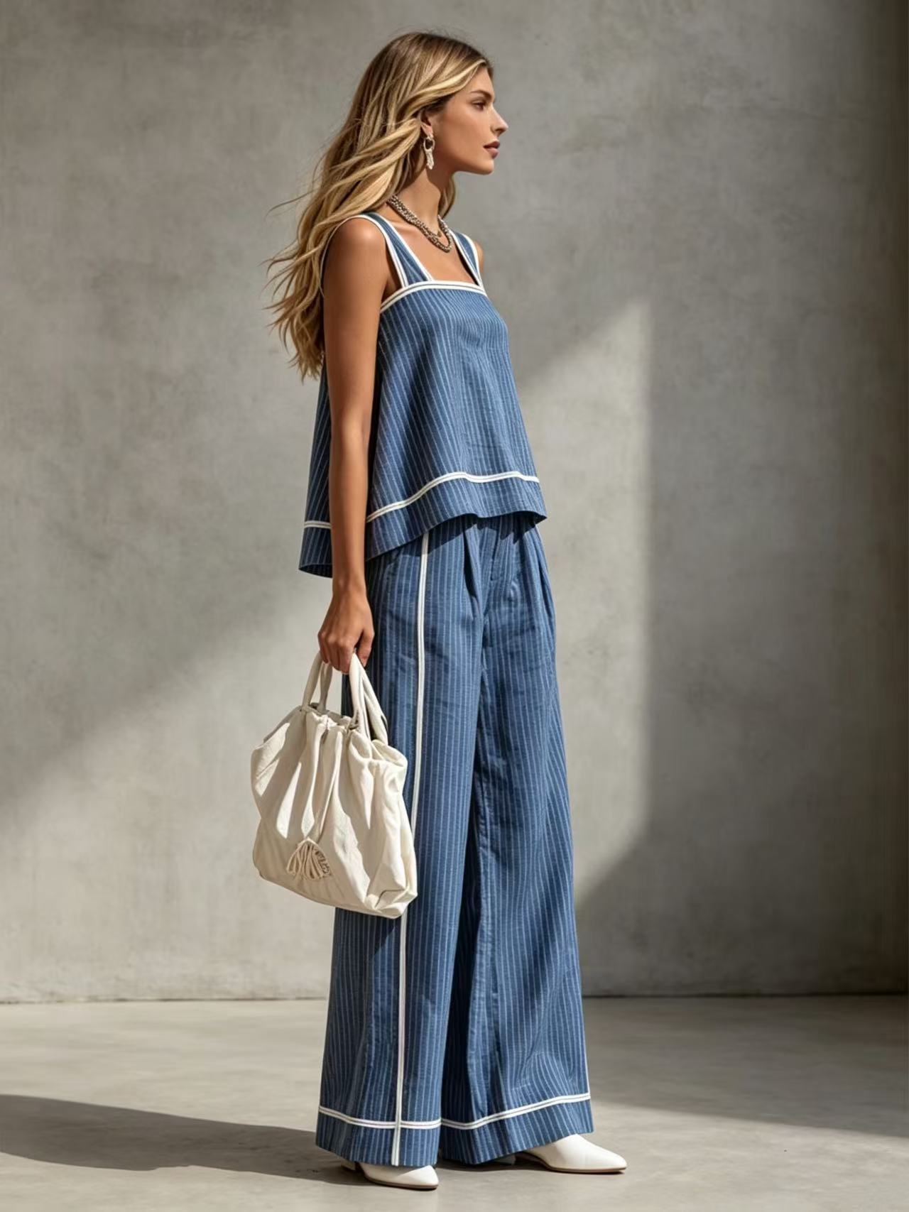 Contrast Trim Square Neck Sleeveless Striped Tank & High Waist Pleated Wide Leg Pocket Pants Two Piece Matching Set