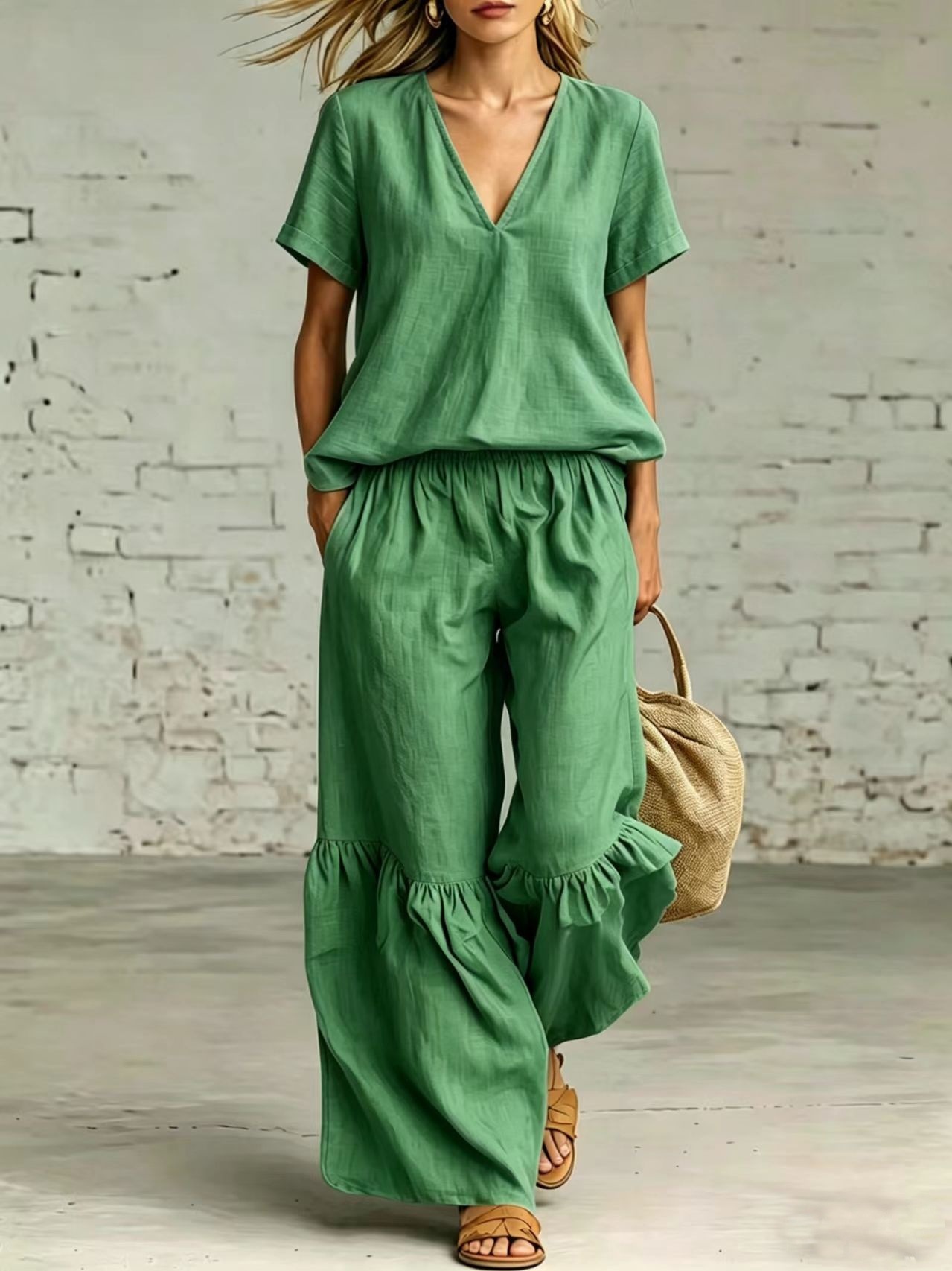 V-Neck Short Sleeve Top Ruffle Wide Leg Two Piece Matching Set