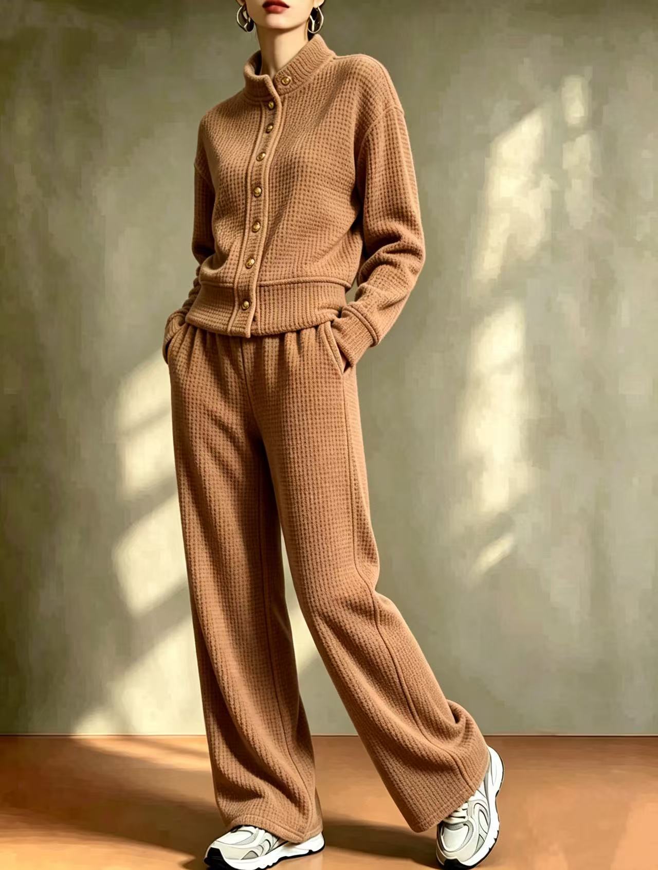 2‑Piece Waffle Knit Co‑Ord Set | Stand‑Collar Button Cardigan Top & Wide‑Leg Pants Casual Loungewear Outfit