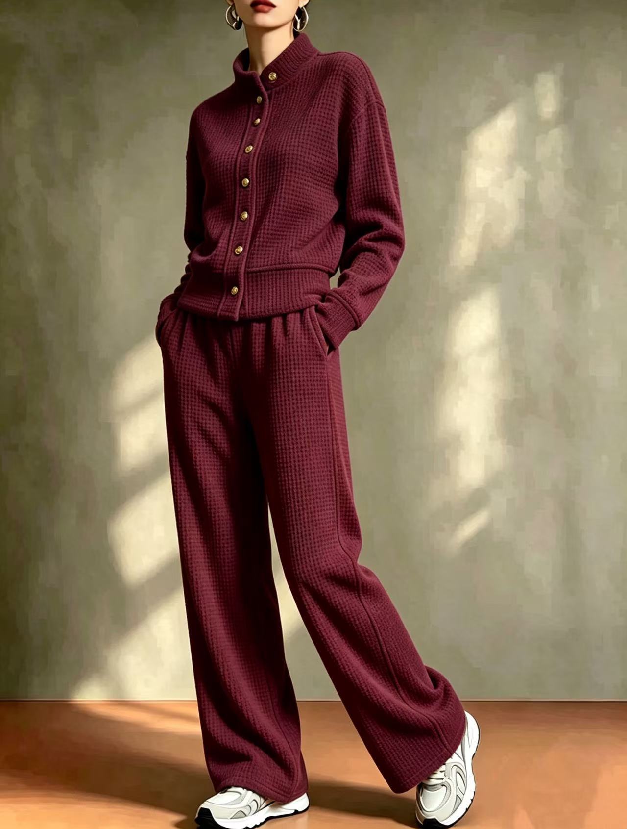 2‑Piece Waffle Knit Co‑Ord Set | Stand‑Collar Button Cardigan Top & Wide‑Leg Pants Casual Loungewear Outfit