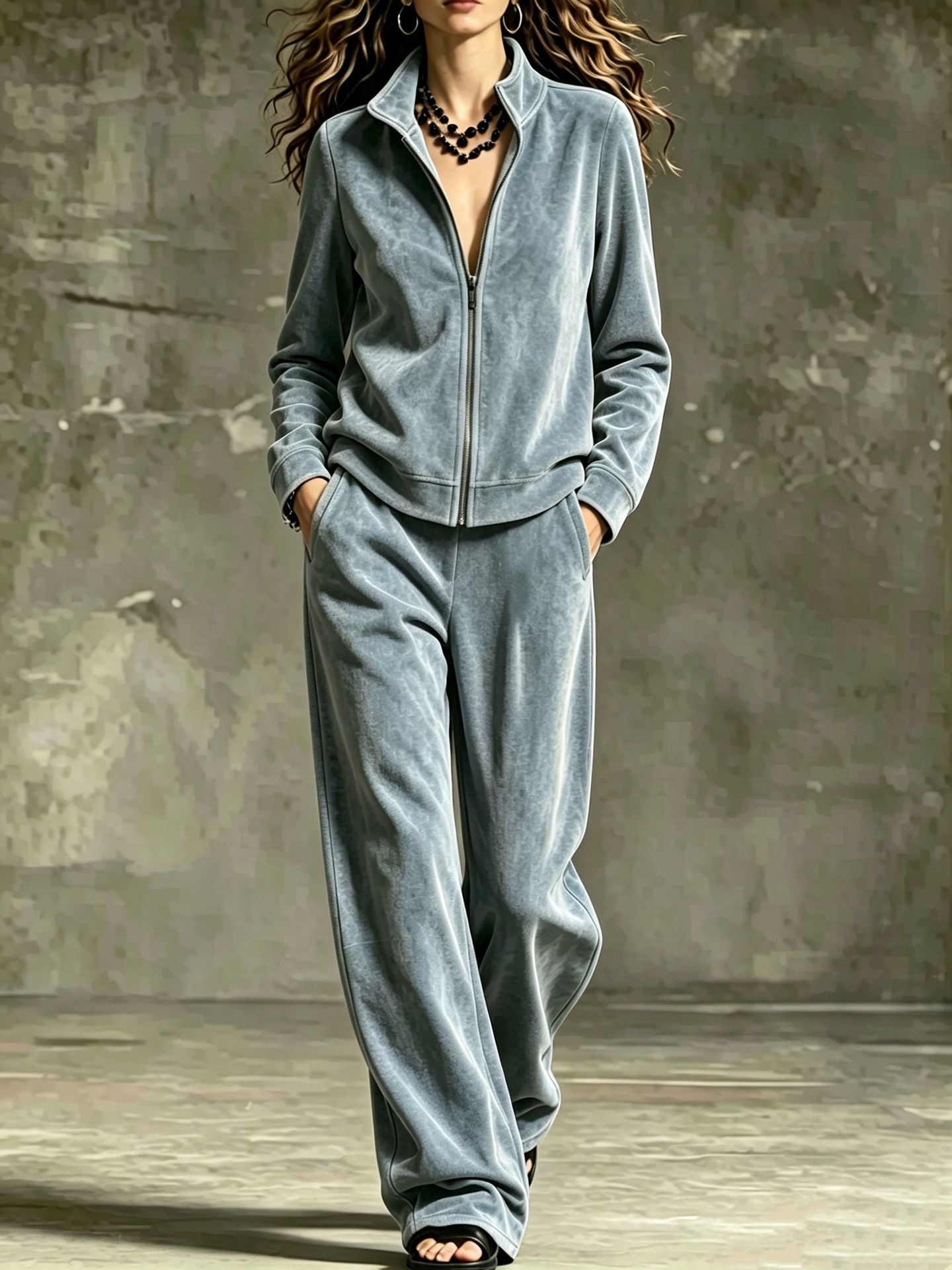 2‑Piece Velour Tracksuit Set | Full‑Zip Stand Collar Jacket & Wide‑Leg Pants Luxury Loungewear Outfit