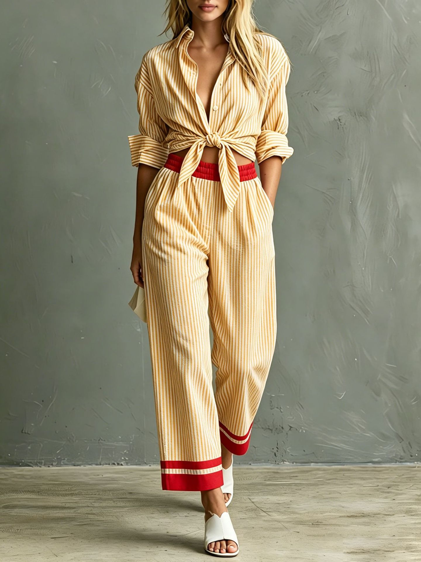 Striped Tie Front Shirt Wide Leg Pant 2 Piece Outfit | Roll Sleeve Button Down Matching Set