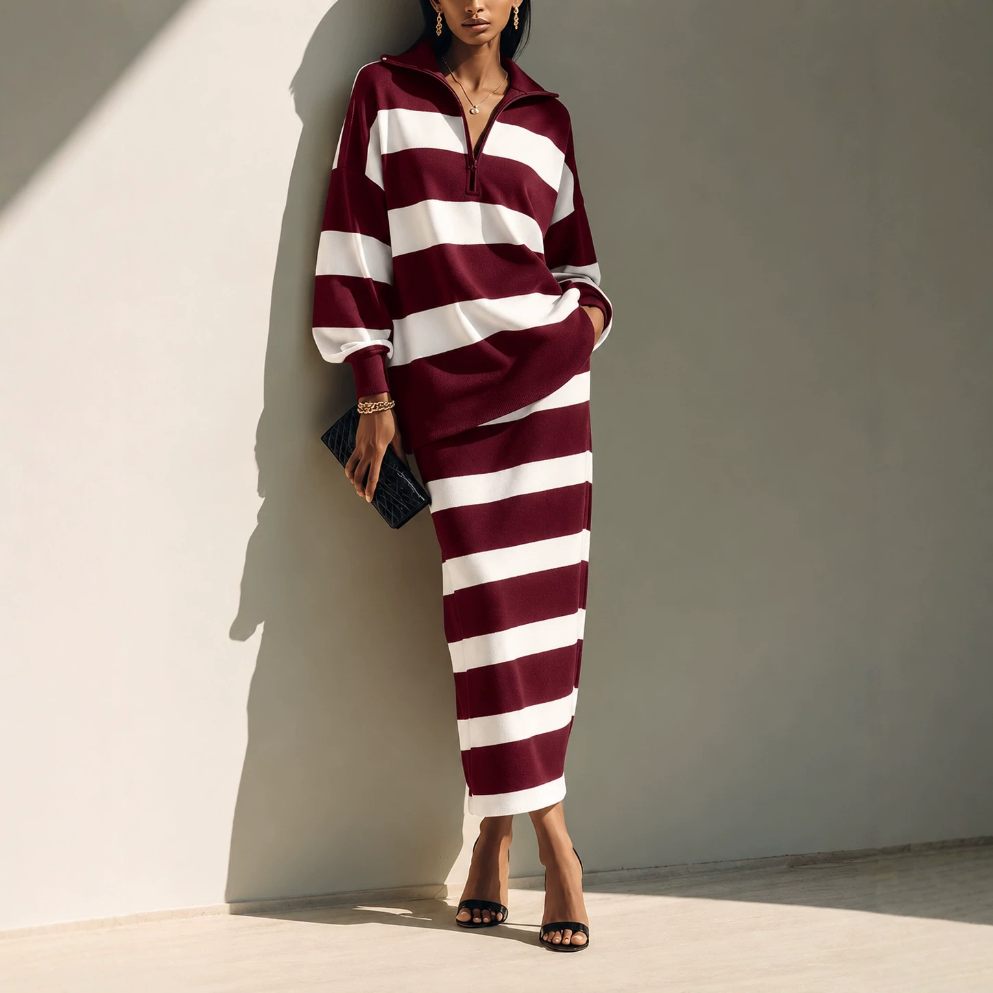 Navy Half-zip Color-block Striped Polo-collar Top And Midi Skirt Set