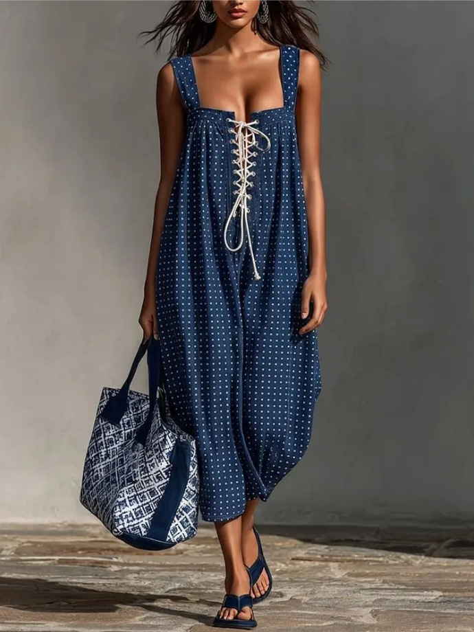 Square Neck Polka Dot Lace-Up Sleeveless Midi Dress