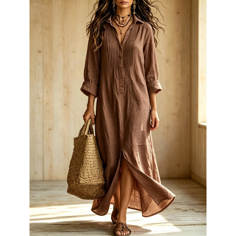 Linen Blend Shirt Maxi Dress | Roll‑Up Sleeve Button‑Front Loose Long Dress
