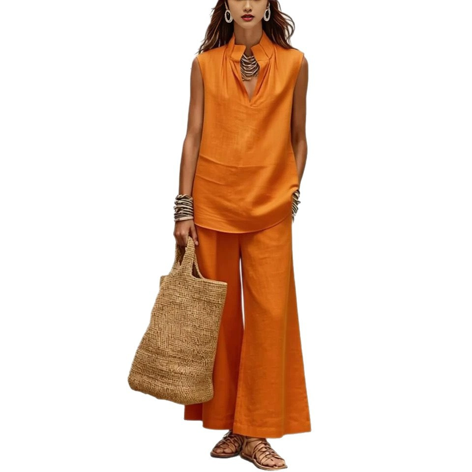 Stand Collar Sleeveless Split Neck Linen Top & Wide Leg Pants Two-Piece Matching Set