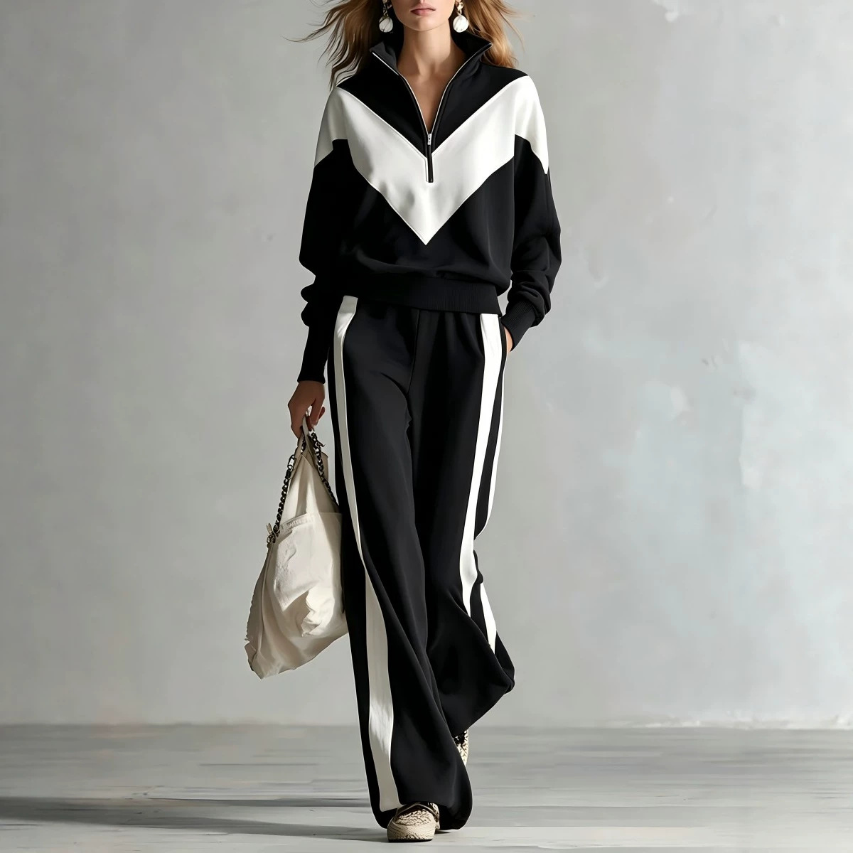 Chic Color‑Block Half‑Zip Tracksuit Two‑Piece Outfit