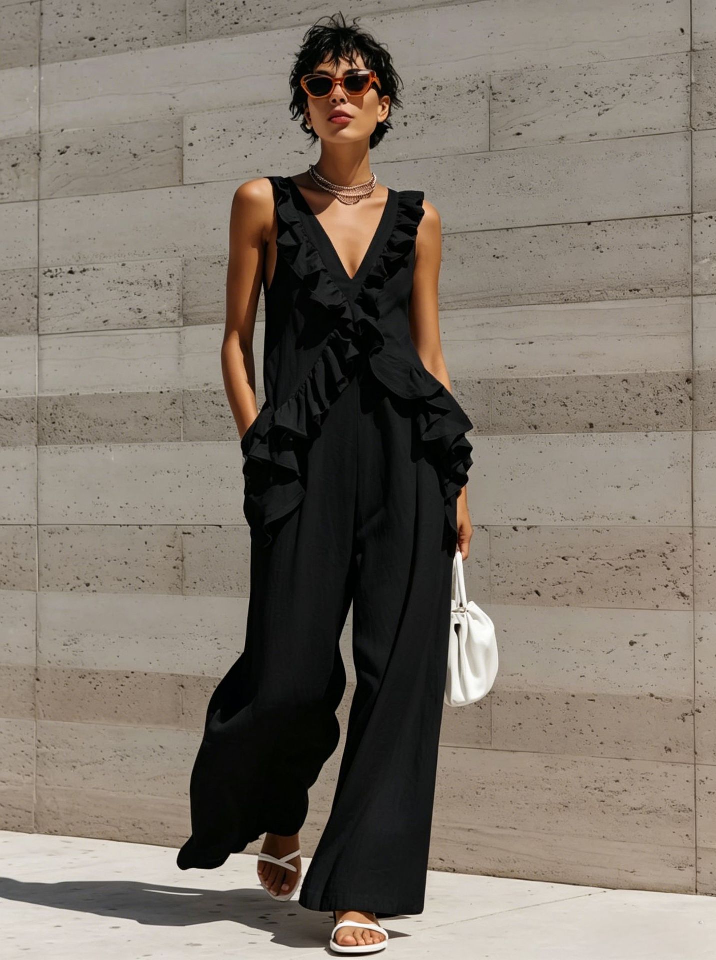 Ruffle Trim Deep V Sleeveless Wide Leg Jumpsuit