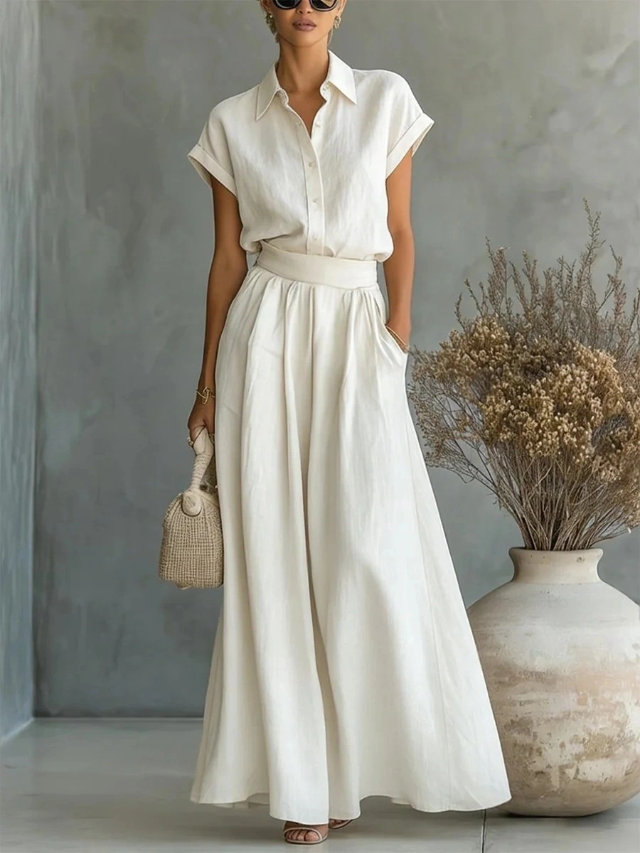 Cuffed Short Sleeve Lapel Collar Button Down Shirt & High Waist Pleated Wide Leg Maxi Skirt Two Piece Matching Set