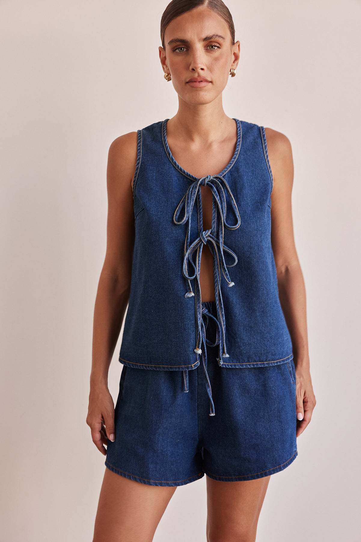 Tie Front Sleeveless Denim Two-Piece Short Set