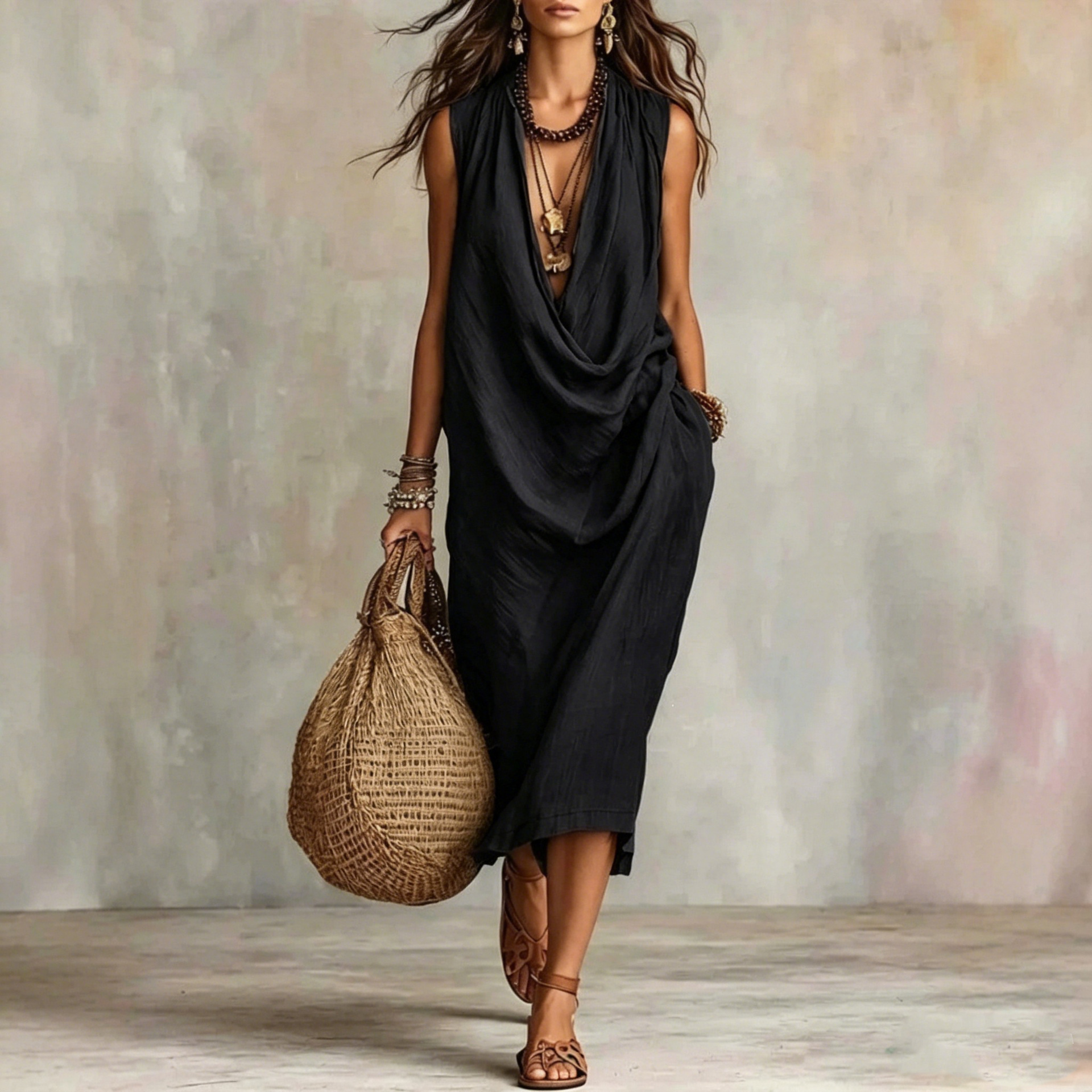 Draped Cowl Neck Sleeveless Loose Midi Linen Dress