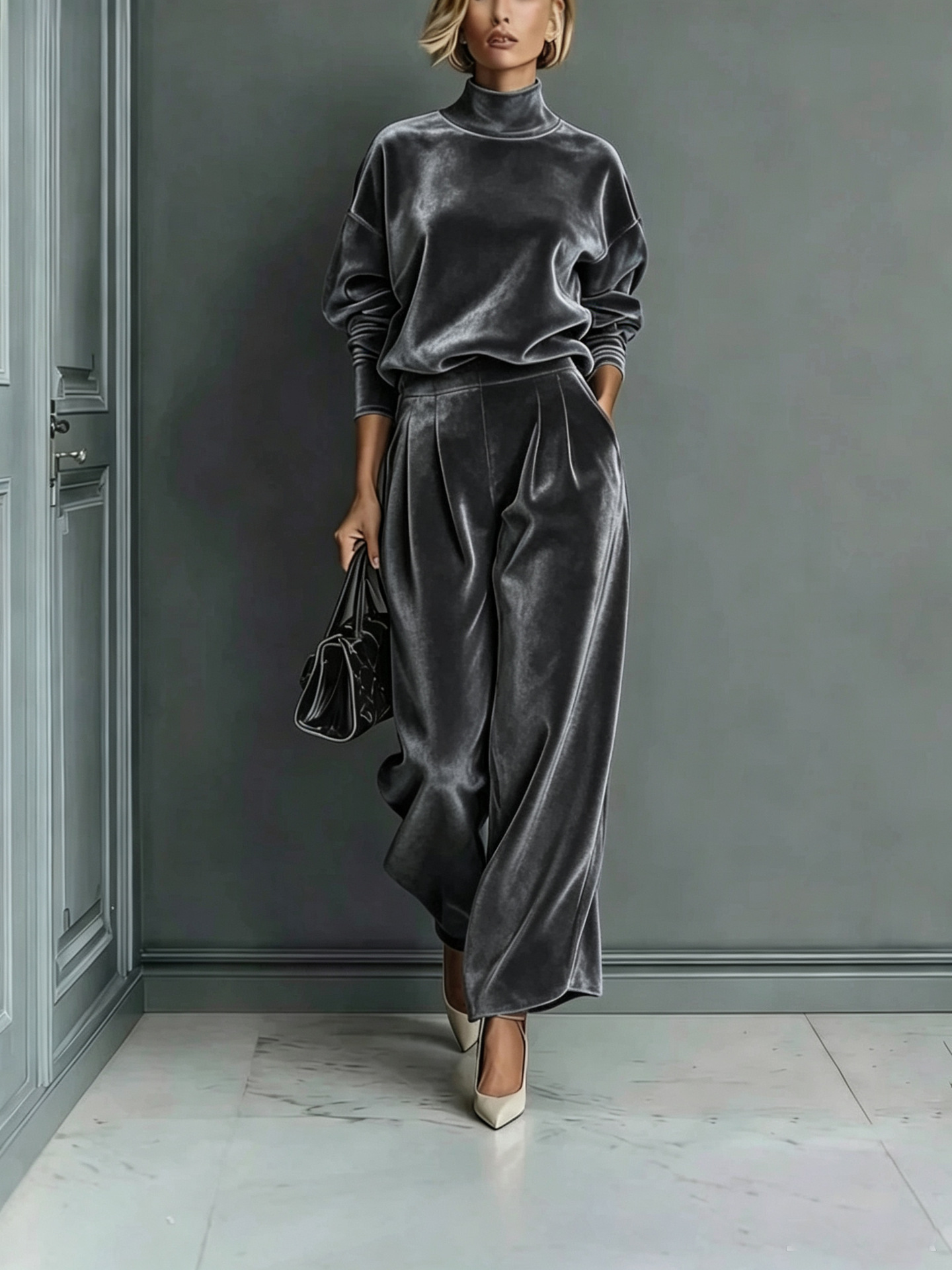 2‑Piece Velour Co‑Ord Set | Oversized Turtleneck Long‑Sleeve Top & Pleated Wide‑Leg Pants Elegant Loungewear Outfit