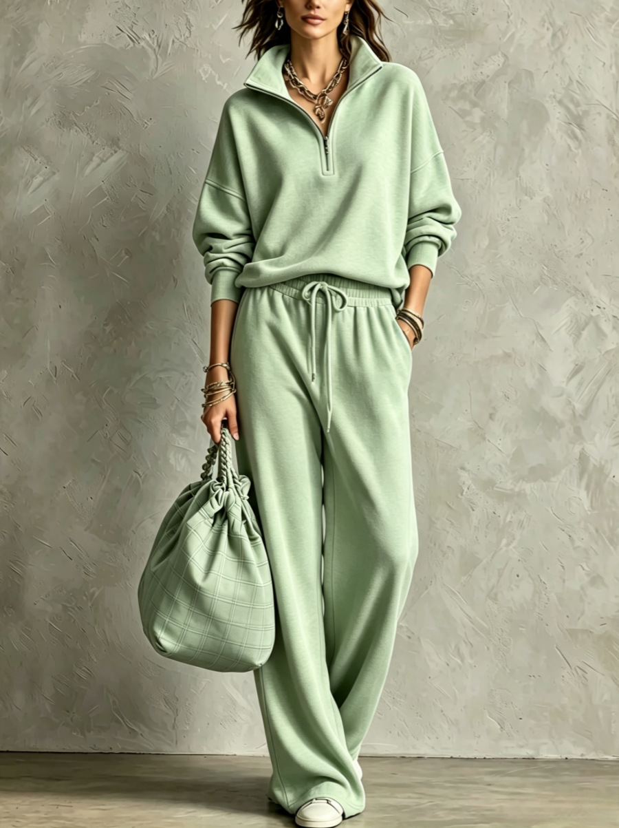 Half‑Zip Collar Sweatshirt & Drawstring Wide‑Leg Two‑Piece Loungewear Set