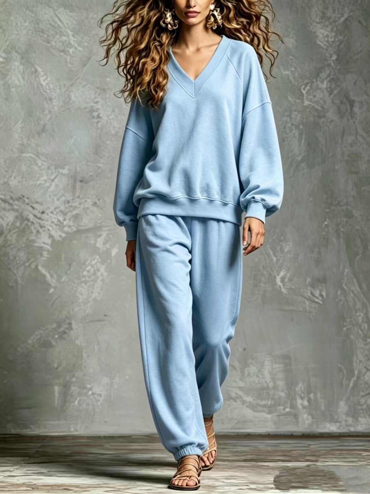 V‑Neck Raglan Sleeve Sweatshirt & Jogger Two‑Piece Loungewear Set