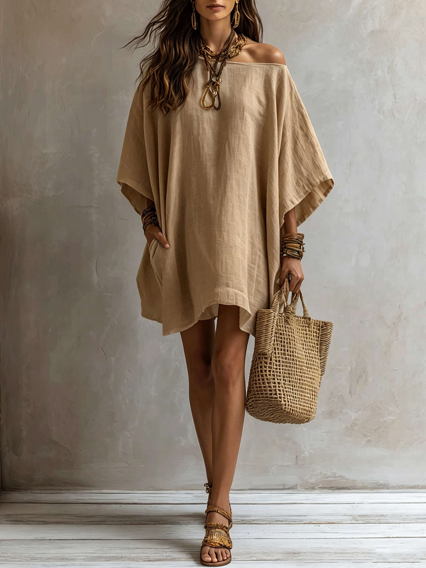 🌞 Off Shoulder Batwing Sleeve Linen Mini Tunic Dress