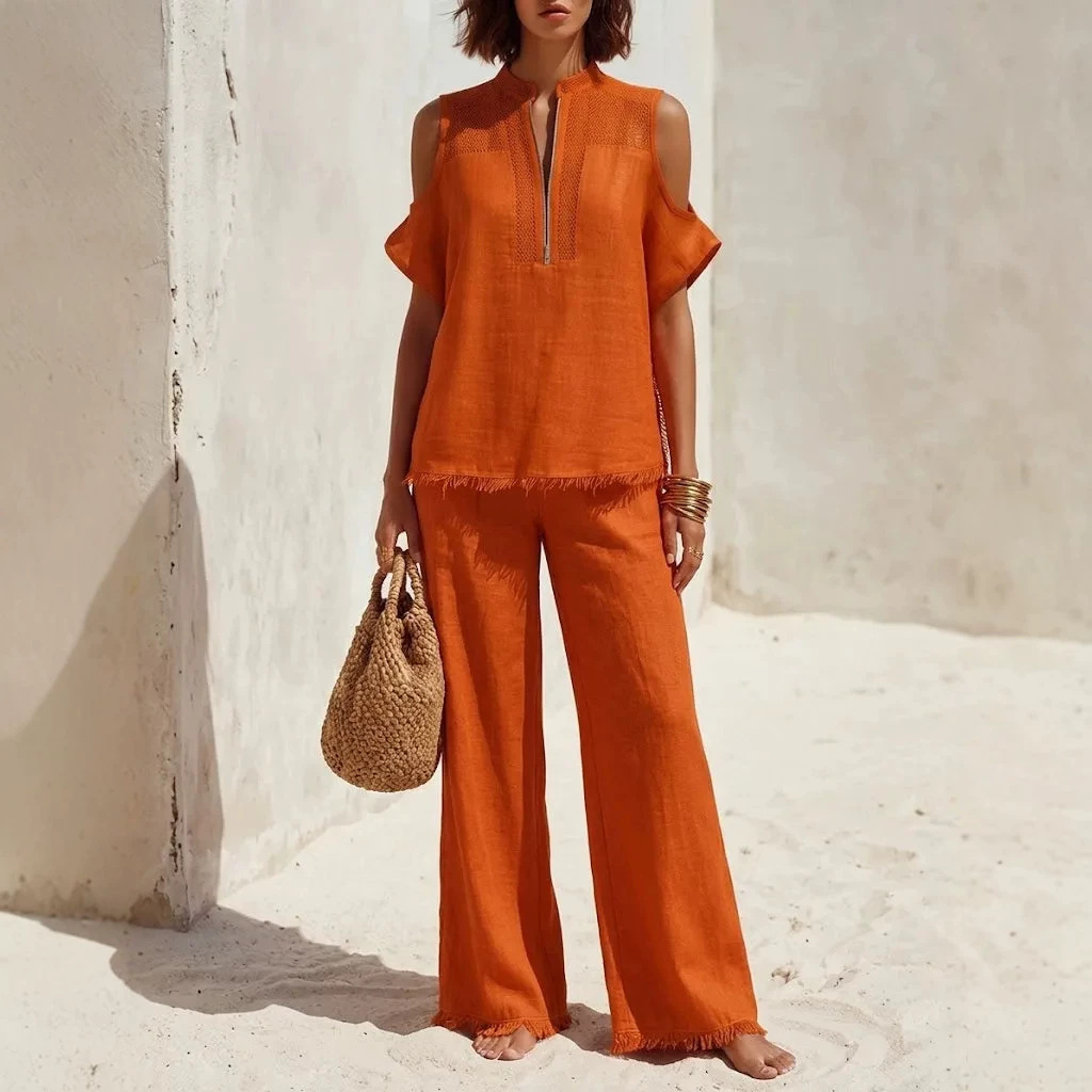 Fringed Cold Shoulder Half-Zip Solid Color Short Sleeve Blouses&Shirts Tops +  Pants Bottoms Trousers Two Pieces Set