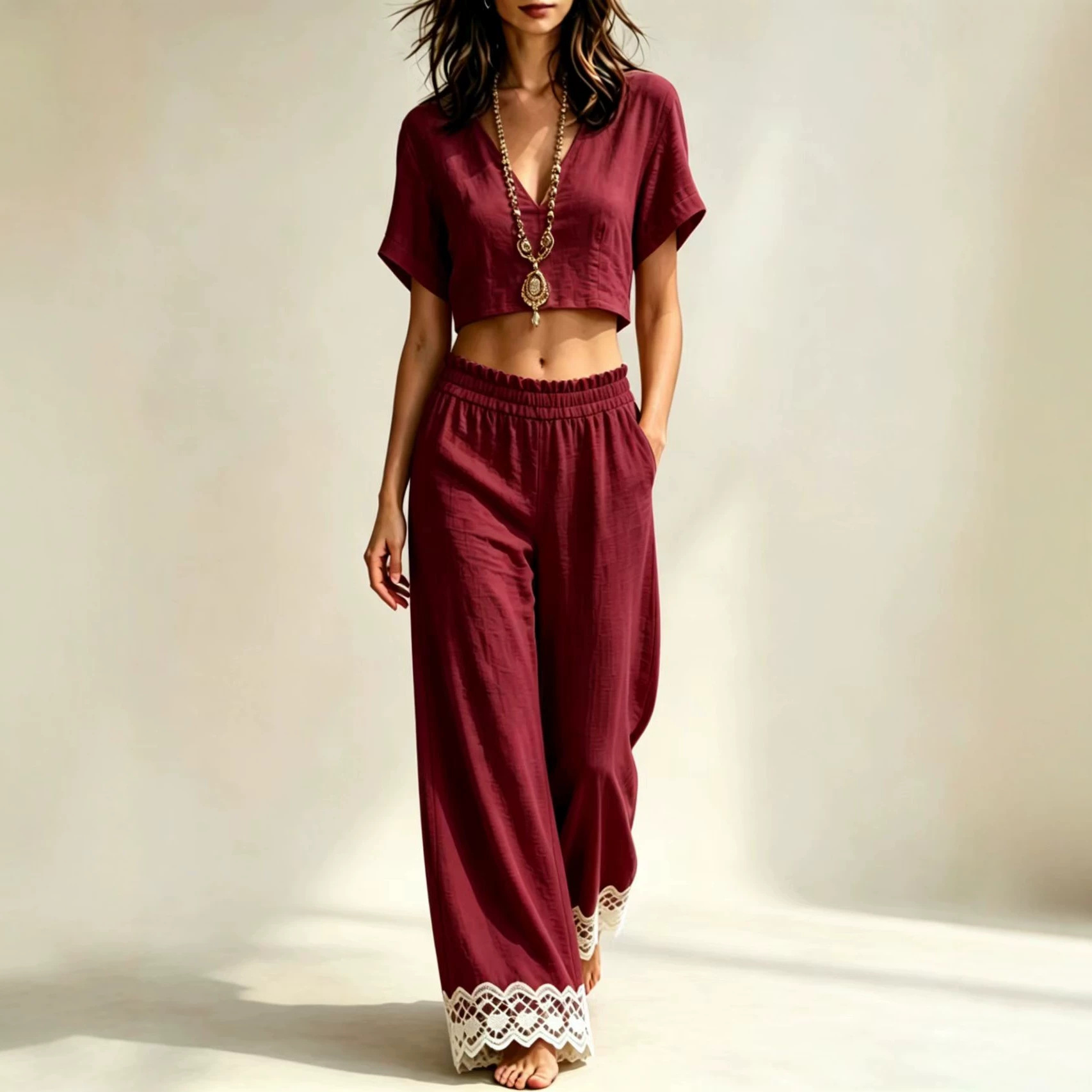 Short Sleeve V Neck Crop Top & Scallop Elastic Waist Lace Hem Wide Leg Pocket Pants Two Piece Matching Set