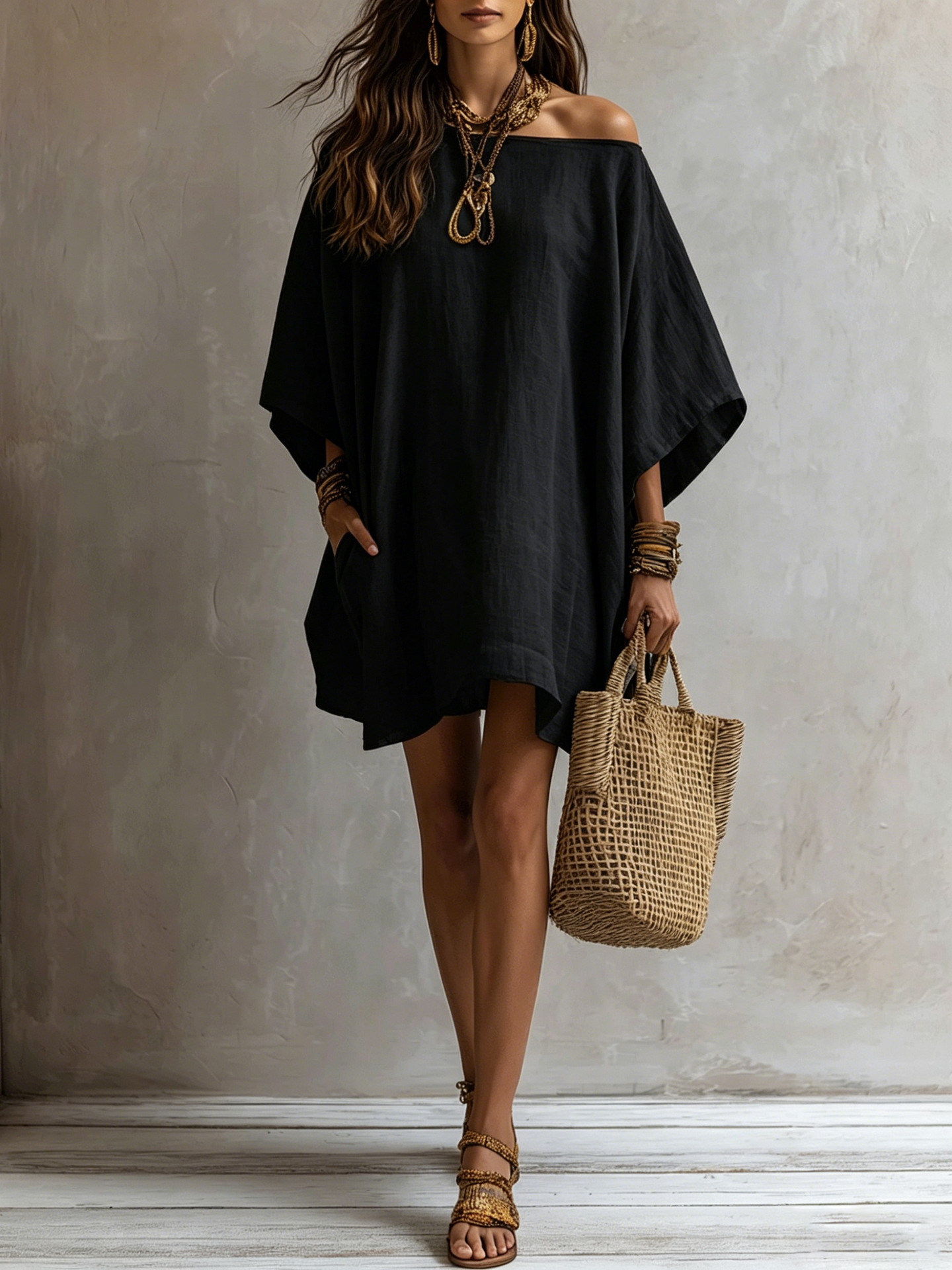 🌞 Off Shoulder Batwing Sleeve Linen Mini Tunic Dress