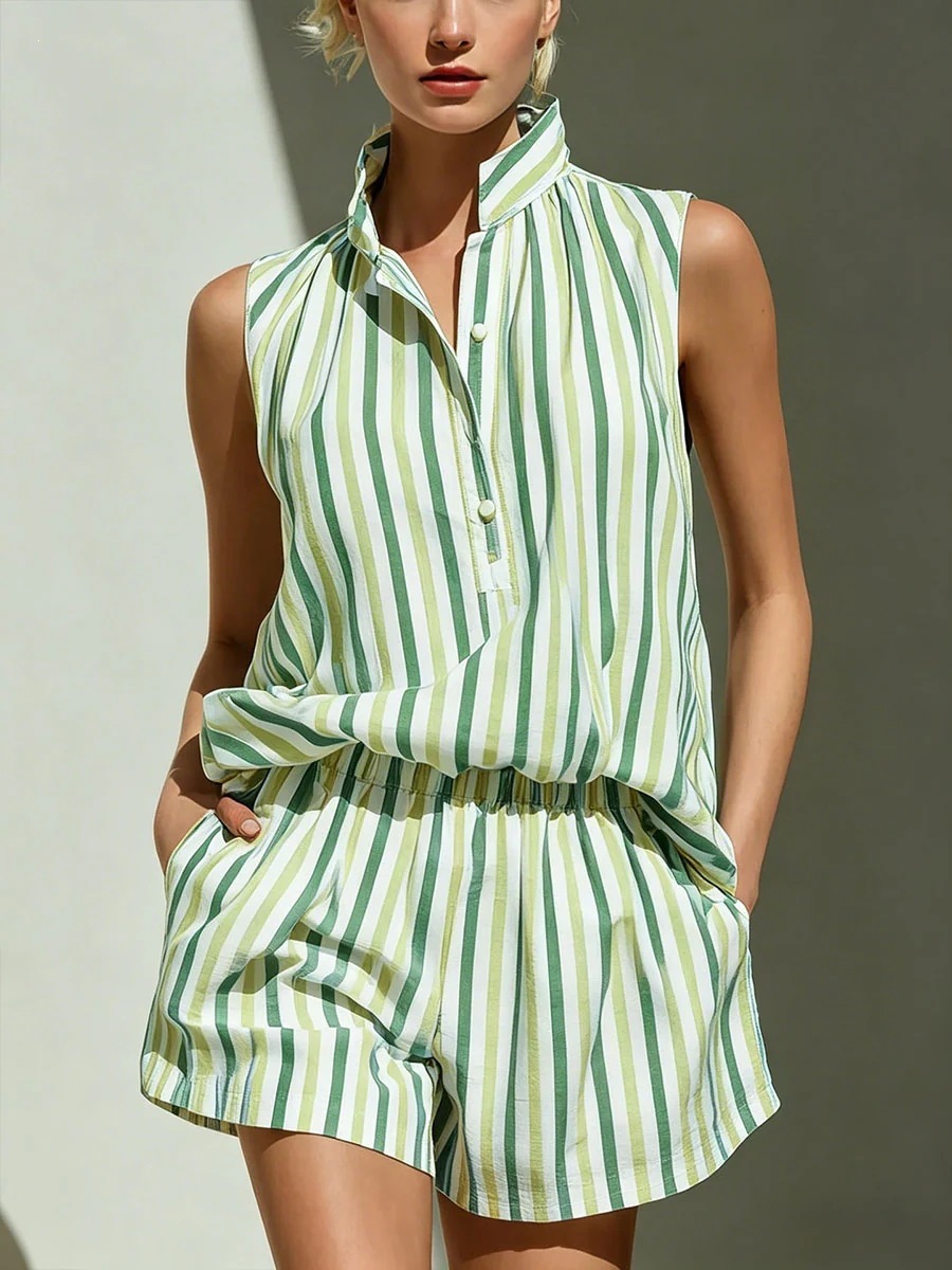 Stand Collar Half Button Sleeveless Striped Top & Elastic Waist Pocket Shorts Two Piece Matching Set