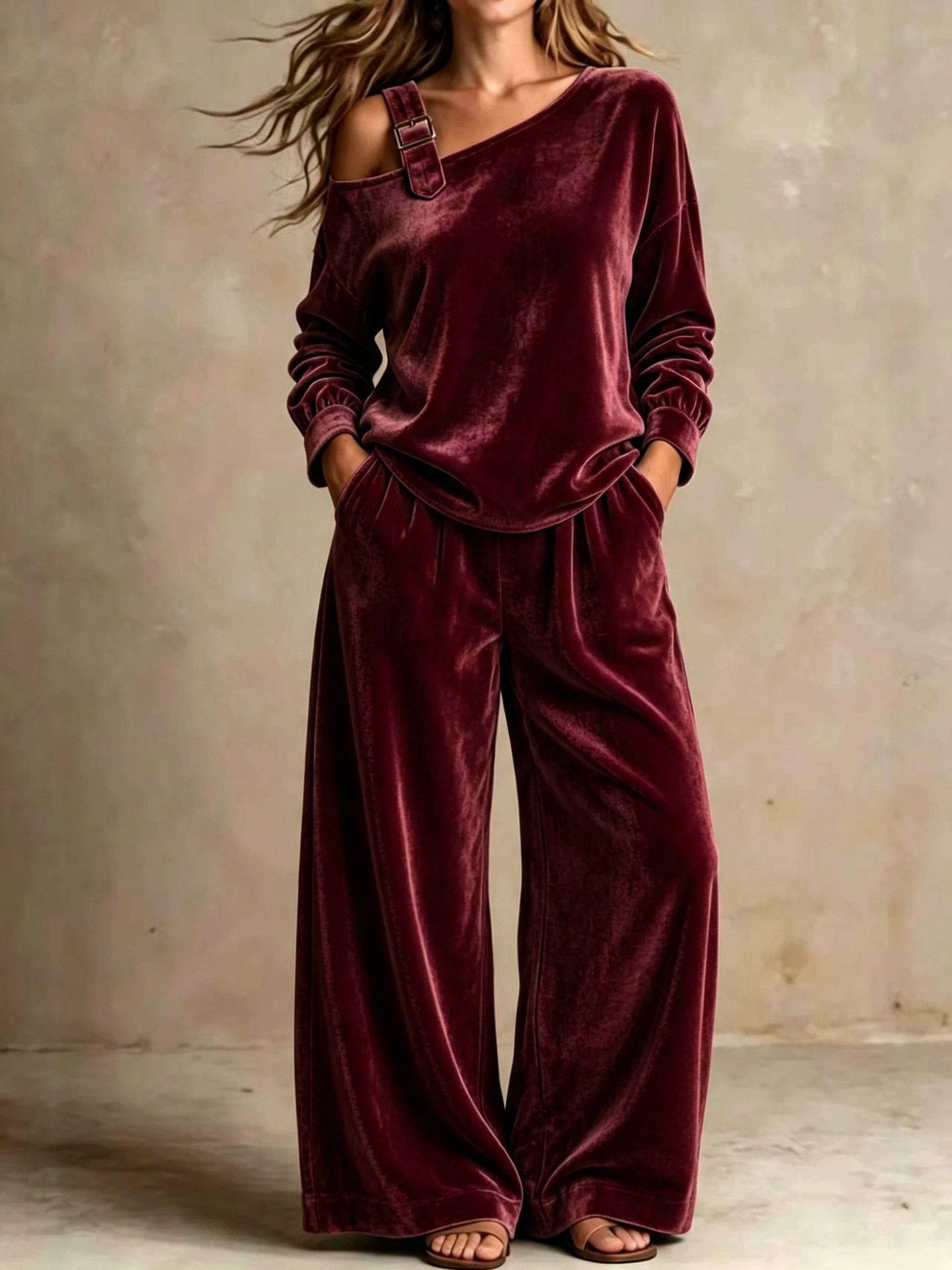 Buckle‑Strap Cold‑Shoulder Velour Two‑Piece Loungewear Set