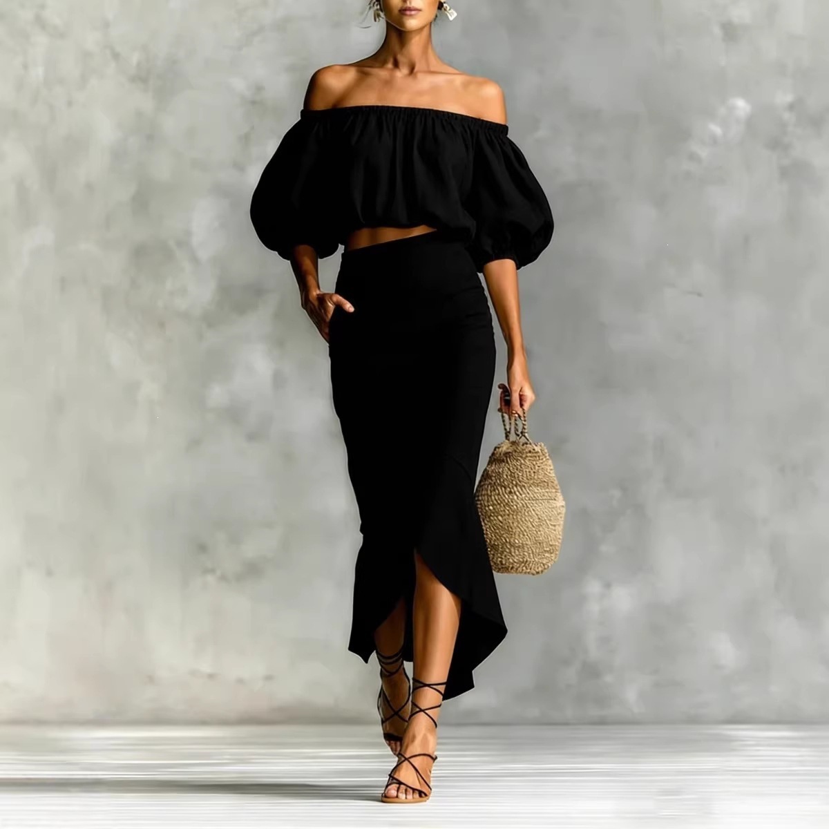 Off Shoulder Puff Sleeve Crop Top & High Waist Ruffle Midi Skirt Two Piece Matching Set