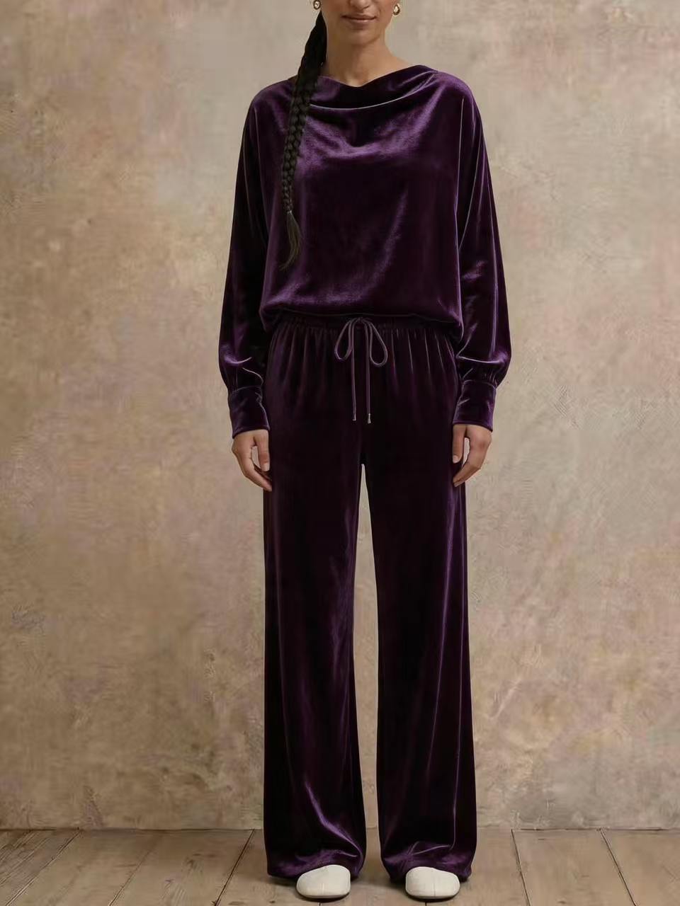 2‑Piece Velvet Co‑Ord Set | Draped Cowl Neck Long‑Sleeve Top & Drawstring Elastic Waist Wide‑Leg Pants Elegant Loungewear Outfit