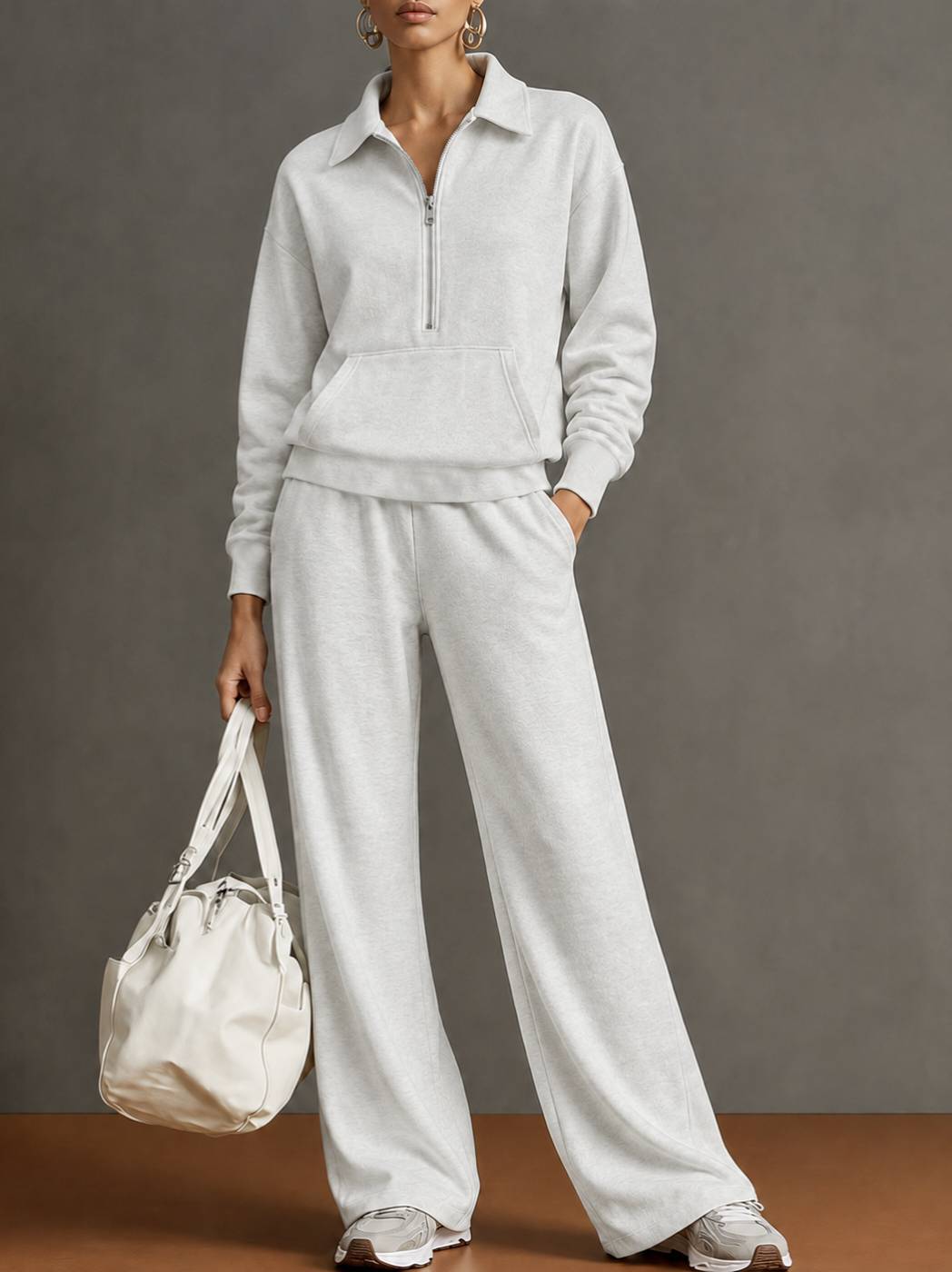 Polo Collar Half‑Zip Sweatshirt with Kangaroo Pocket & Drawstring Wide‑Leg Two‑Piece Loungewear Set