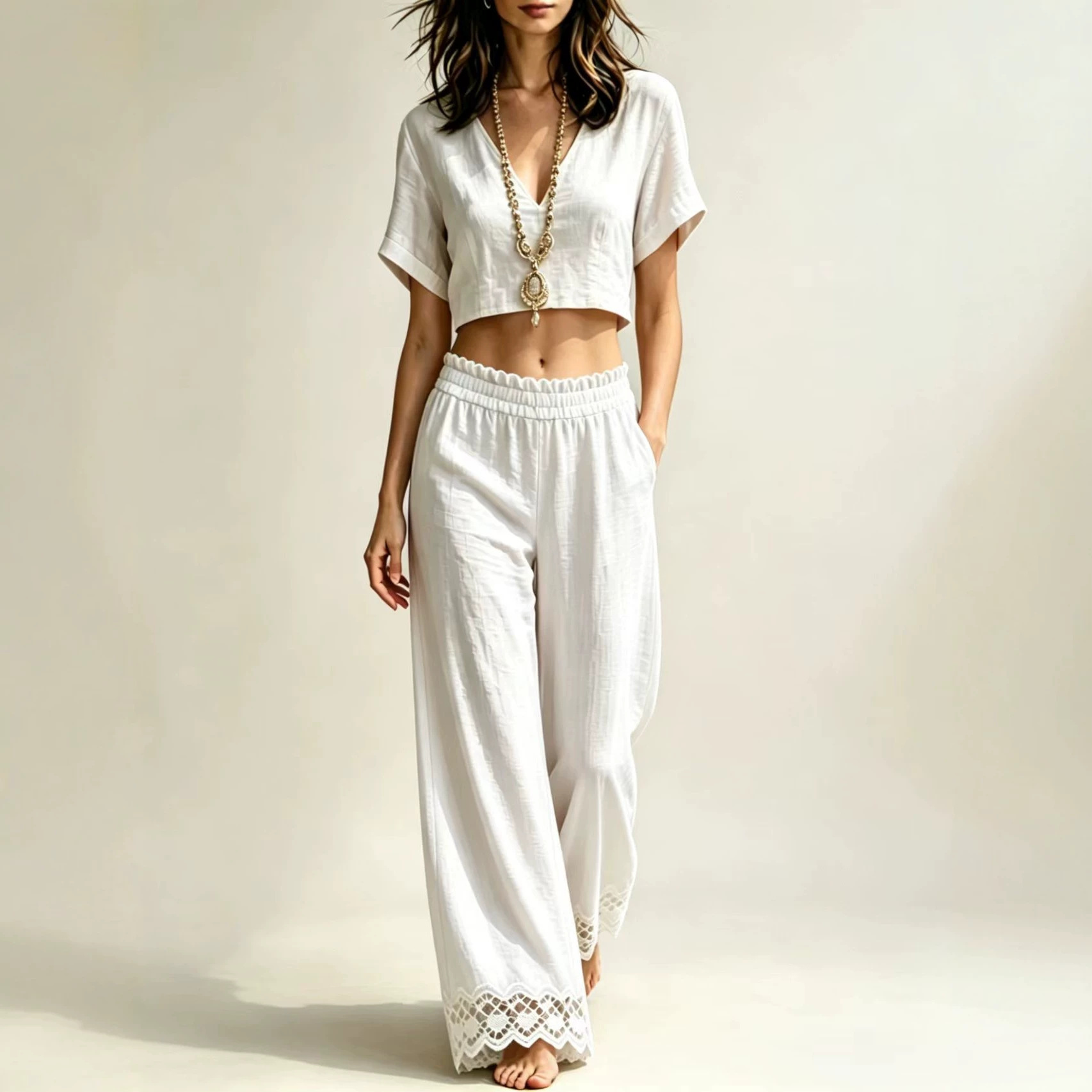 Short Sleeve V Neck Crop Top & Scallop Elastic Waist Lace Hem Wide Leg Pocket Pants Two Piece Matching Set