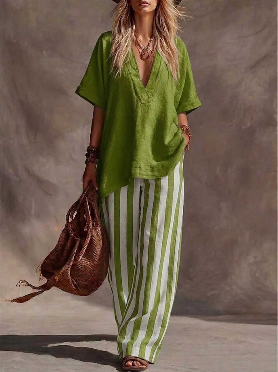 Solid V-Neck Short Sleeve Linen Top & Vertical Stripe Wide Leg Pants Two-Piece Set