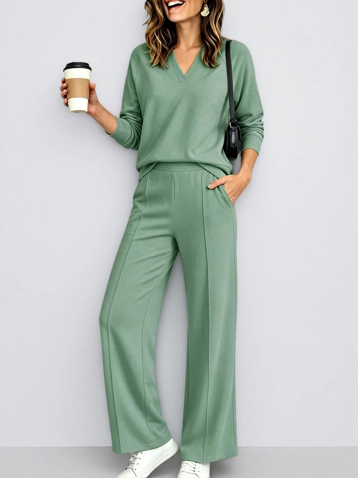 2‑Piece Soft Knit Co‑Ord Set | V‑Neck Long‑Sleeve Top & Front‑Seam Wide‑Leg Pants Casual Smart‑Casual Outfit