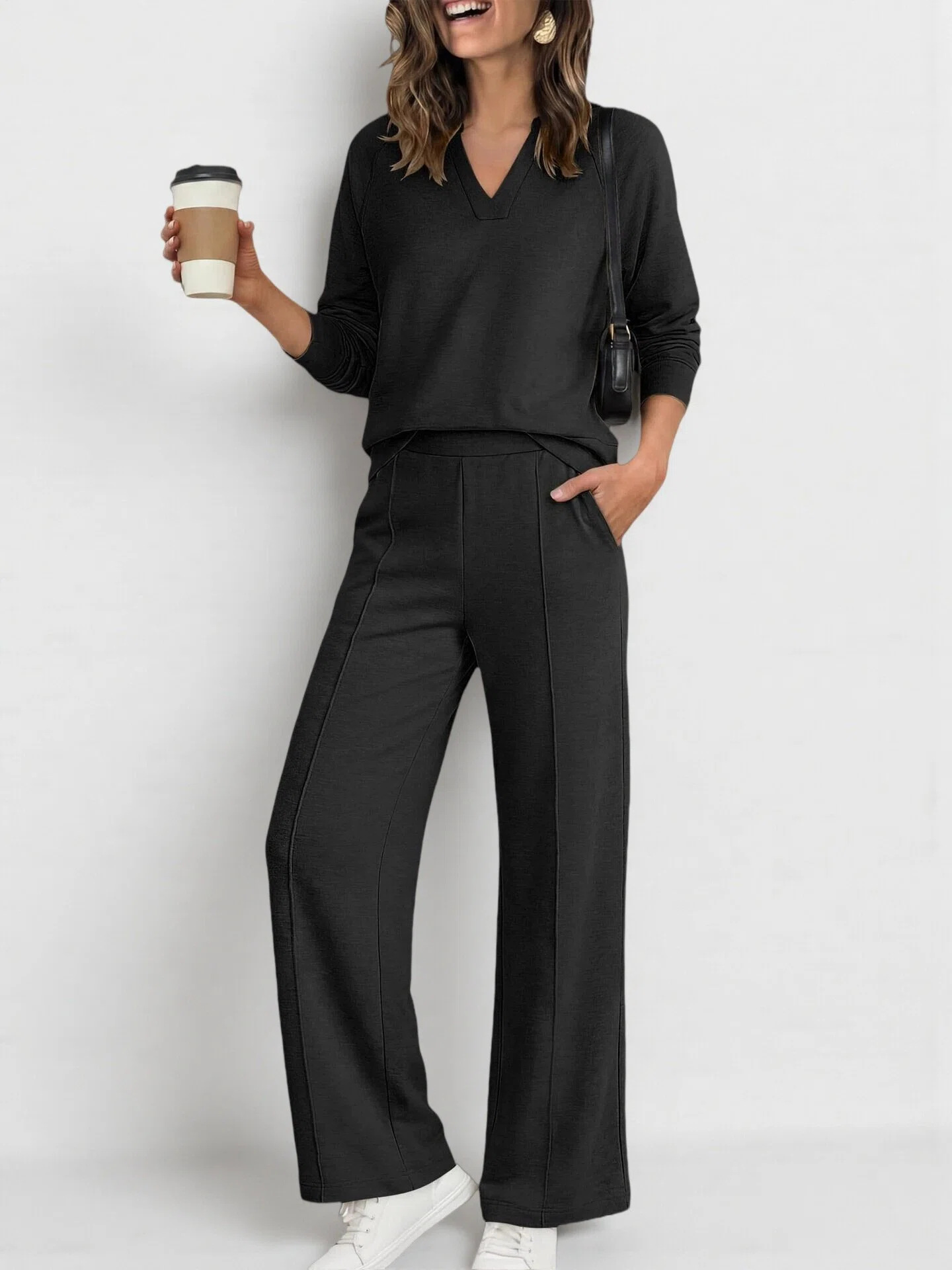 2‑Piece Soft Knit Co‑Ord Set | V‑Neck Long‑Sleeve Top & Front‑Seam Wide‑Leg Pants Casual Smart‑Casual Outfit