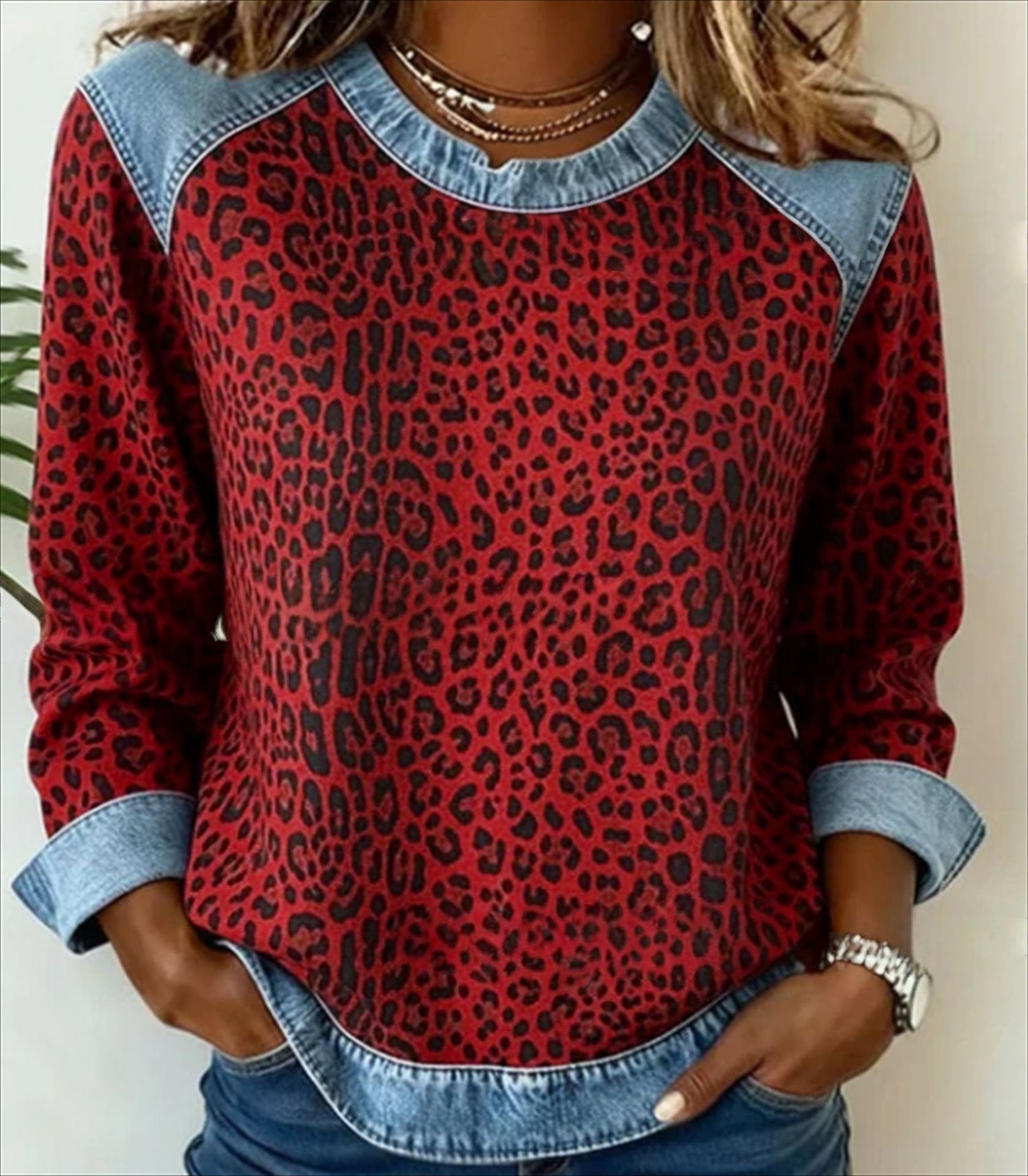 Women's Denim Patchwork Knit Sweater Crewneck Long Sleeve Casual Top