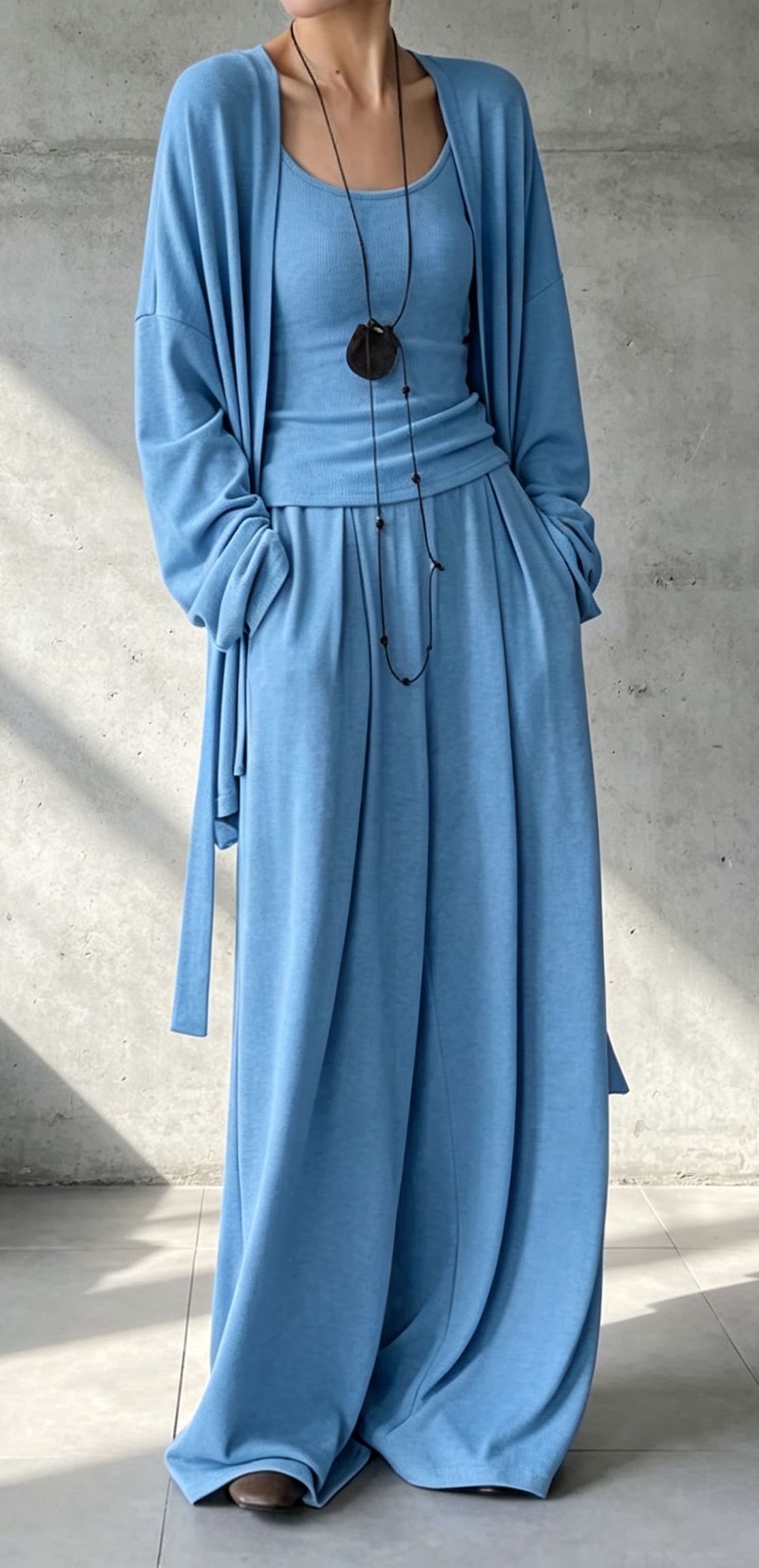 3‑Piece Knit Co‑Ord Set | Sleeveless Tank Top + Open‑Front Long Cardigan + Wide‑Leg Palazzo Pants Minimalist Loungewear Outfit