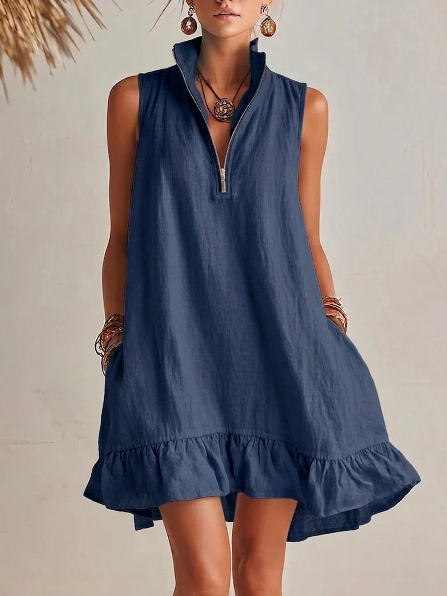 🌞 Half?Zip Stand?Collared Sleeveless Ruffle Hem Linen Mini Dress