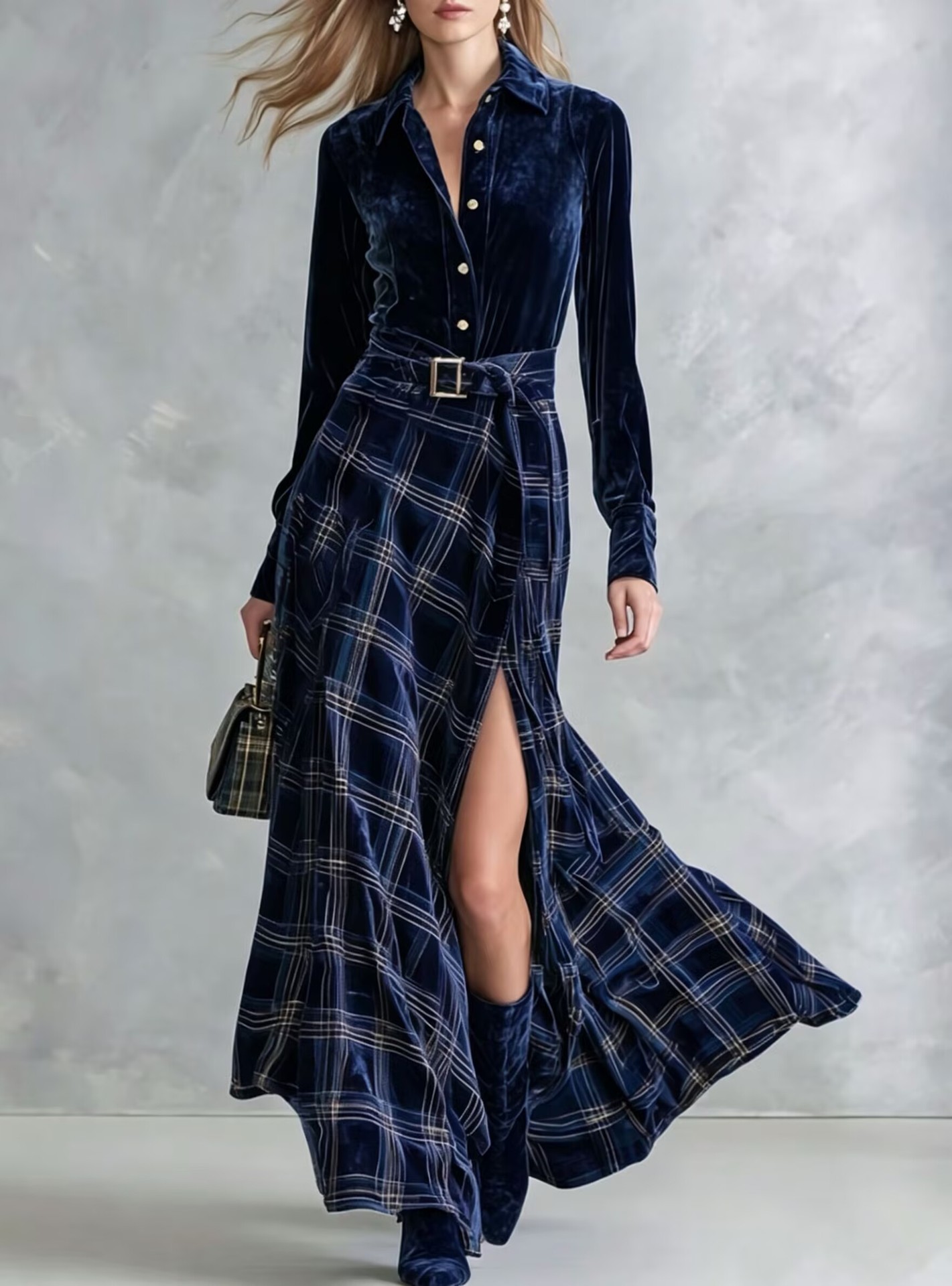 Green Velvet Shirt And Plaid High Slit Maxi Dress Set With Belt