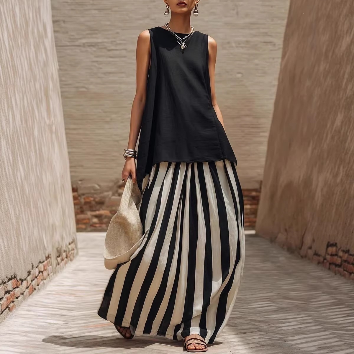 Sleeveless Loose Top & Striped Wide Leg Two-Piece Set
