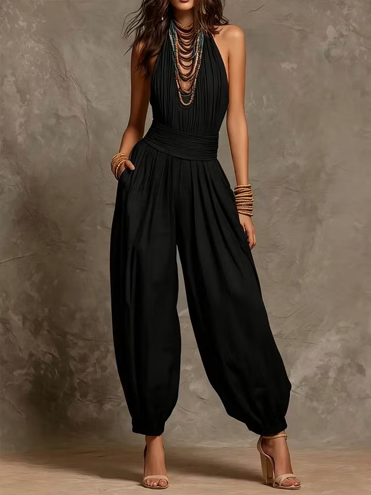 Ruched Halter Neck Self Tie Waist Jogger Harem Jumpsuit With Side Pockets