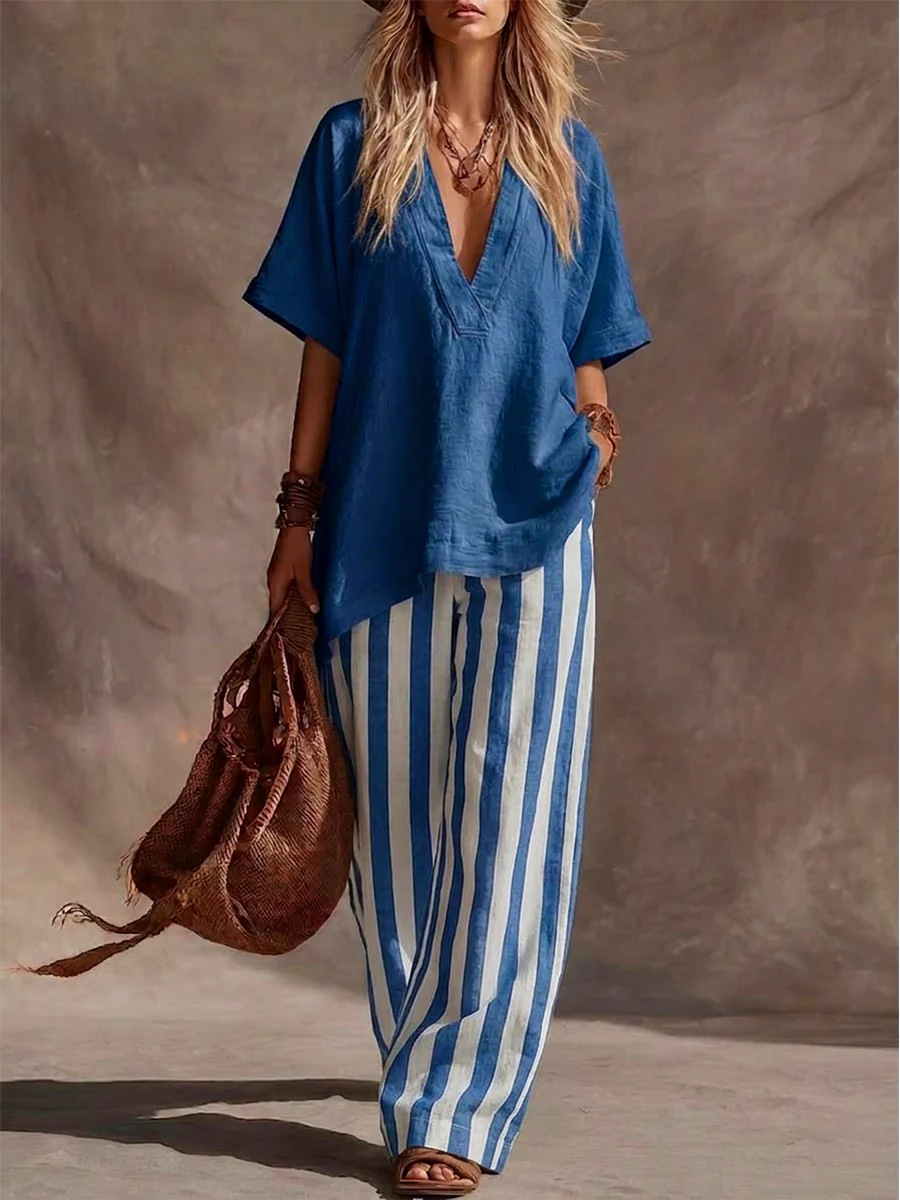 Solid V-Neck Short Sleeve Linen Top & Vertical Stripe Wide Leg Pants Two-Piece Set