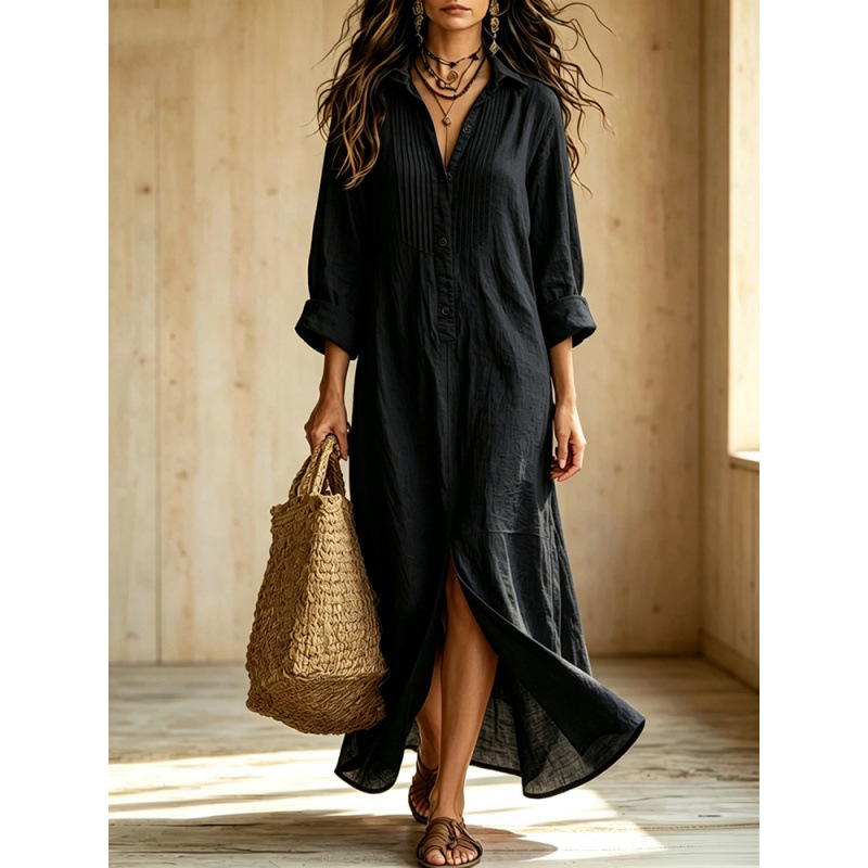 Linen Blend Shirt Maxi Dress | Roll‑Up Sleeve Button‑Front Loose Long Dress