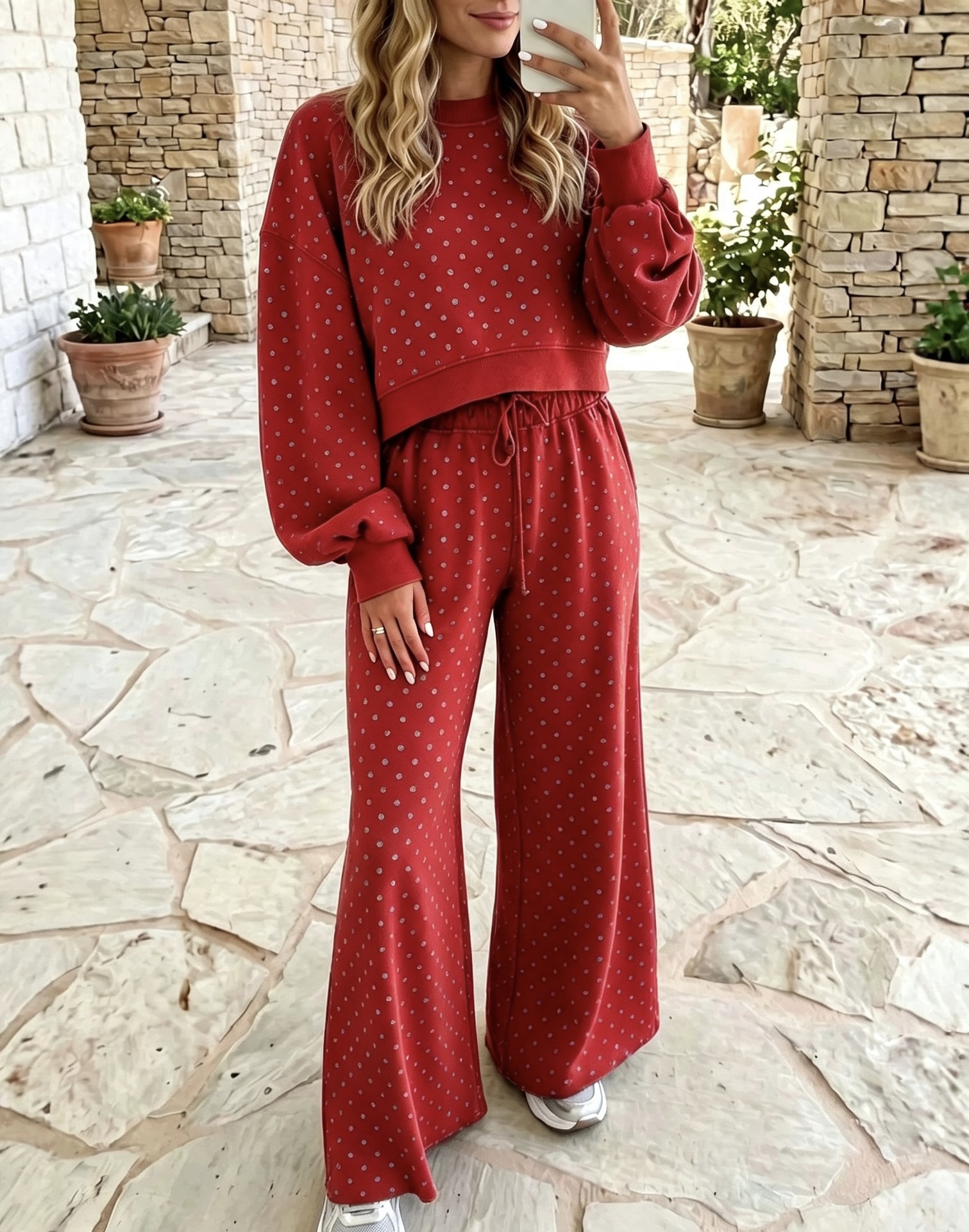 2‑Piece Printed Sweat Co‑Ord Set | Crew Neck Cropped Sweatshirt & Drawstring Flared Wide‑Leg Pants Casual Street Loungewear Outfit