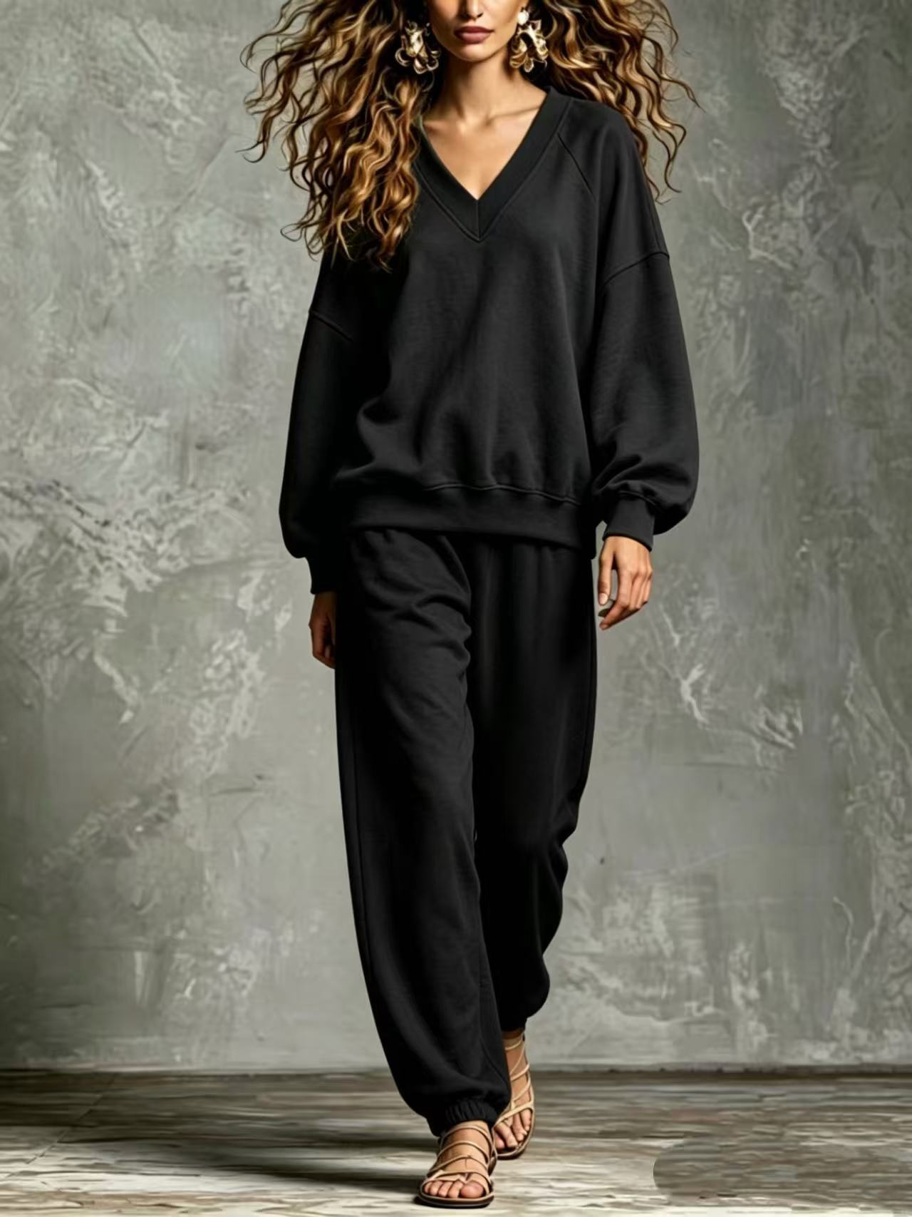 V‑Neck Raglan Sleeve Sweatshirt & Jogger Two‑Piece Loungewear Set