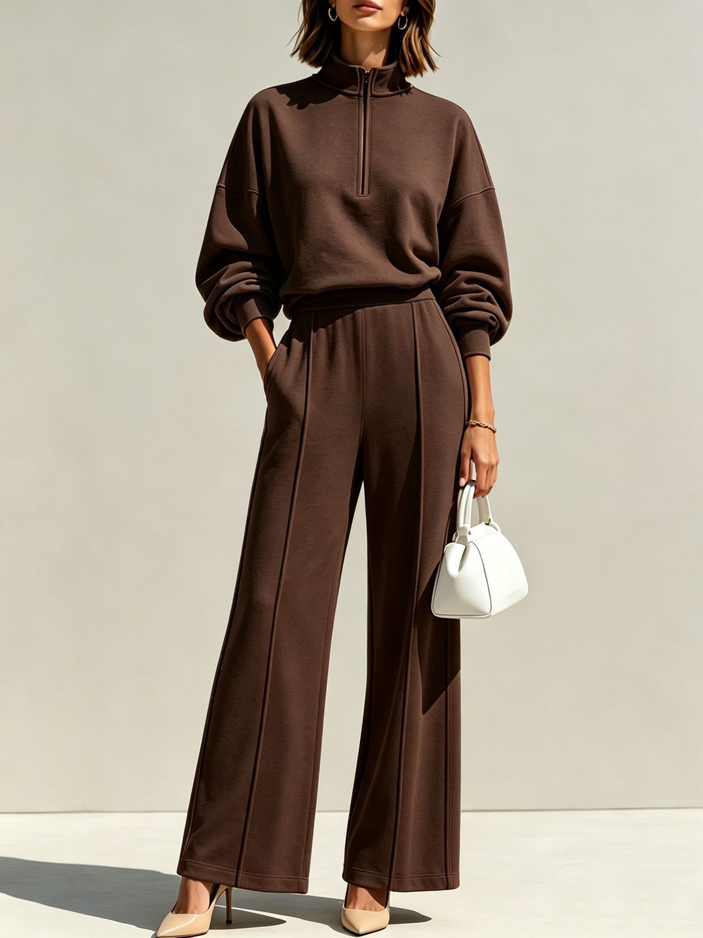 2‑Piece French Terry Co‑Ord Set | Half‑Zip Stand Collar Sweat Top & Seam‑Detail Wide‑Leg Pants Elevated Loungewear Outfit