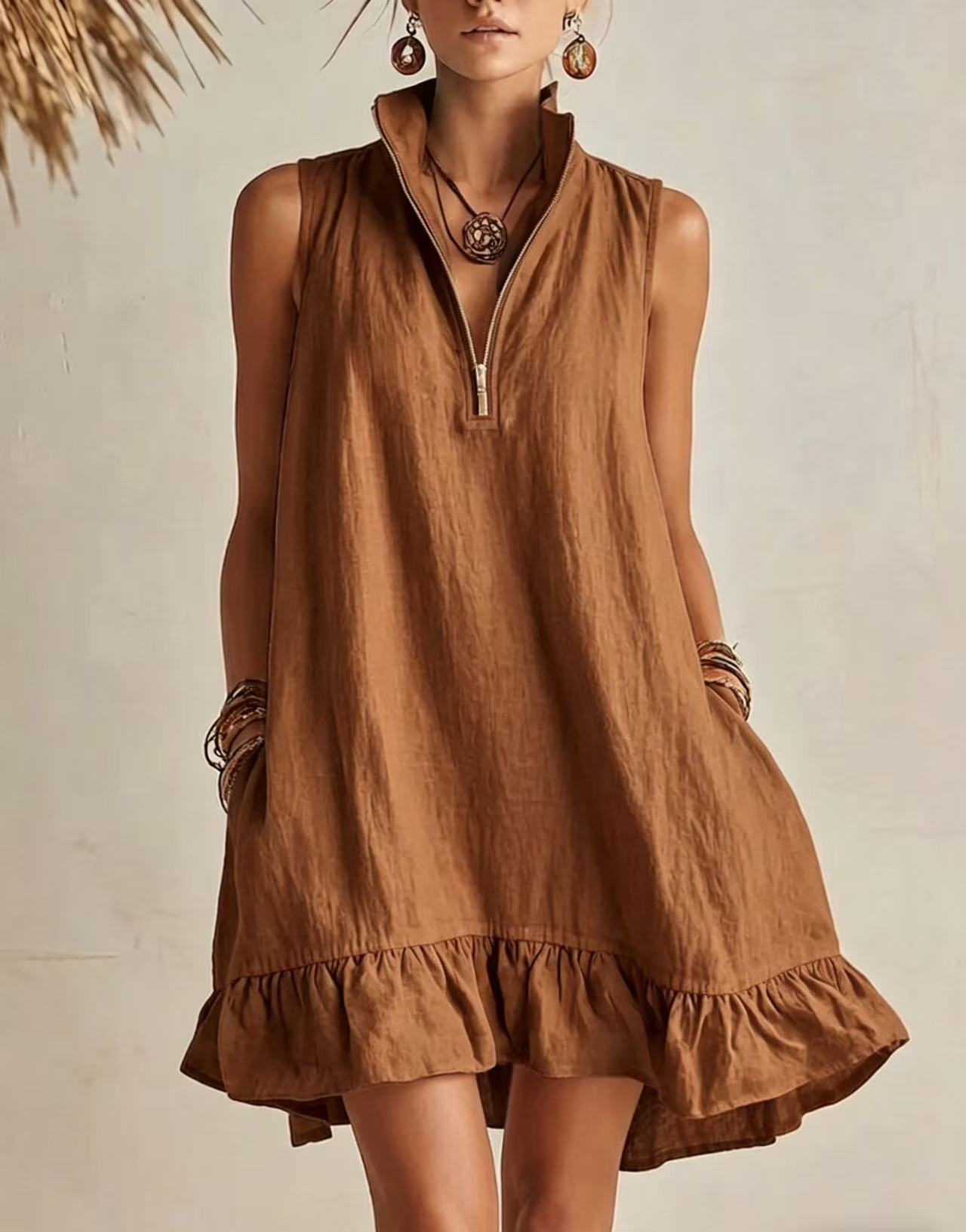 🌞 Half?Zip Stand?Collared Sleeveless Ruffle Hem Linen Mini Dress