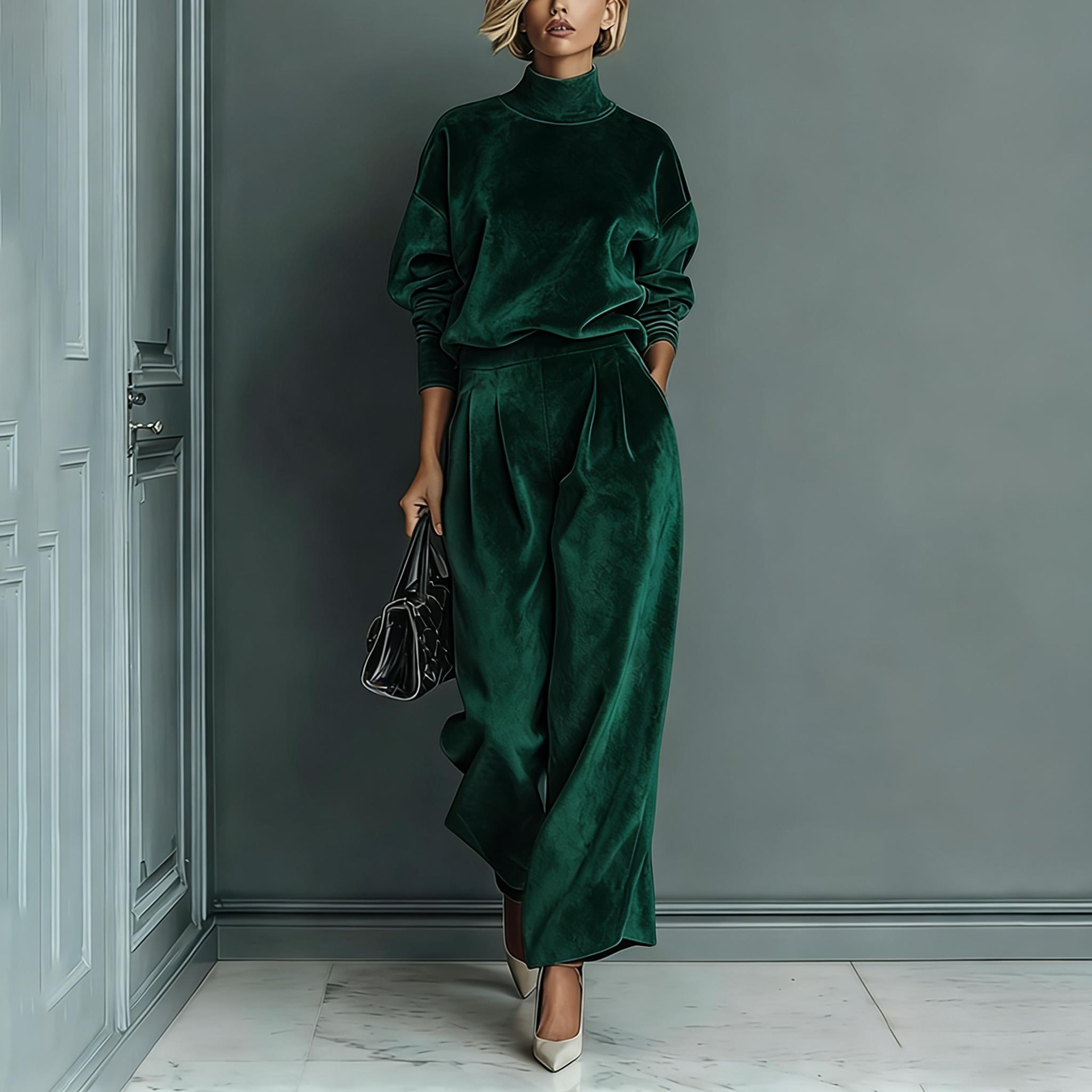 2‑Piece Velour Co‑Ord Set | Oversized Turtleneck Long‑Sleeve Top & Pleated Wide‑Leg Pants Elegant Loungewear Outfit