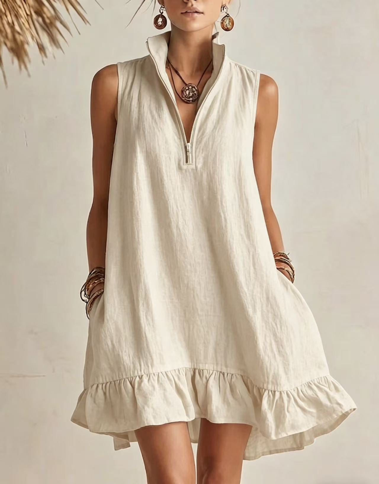 🌞 Half?Zip Stand?Collared Sleeveless Ruffle Hem Linen Mini Dress