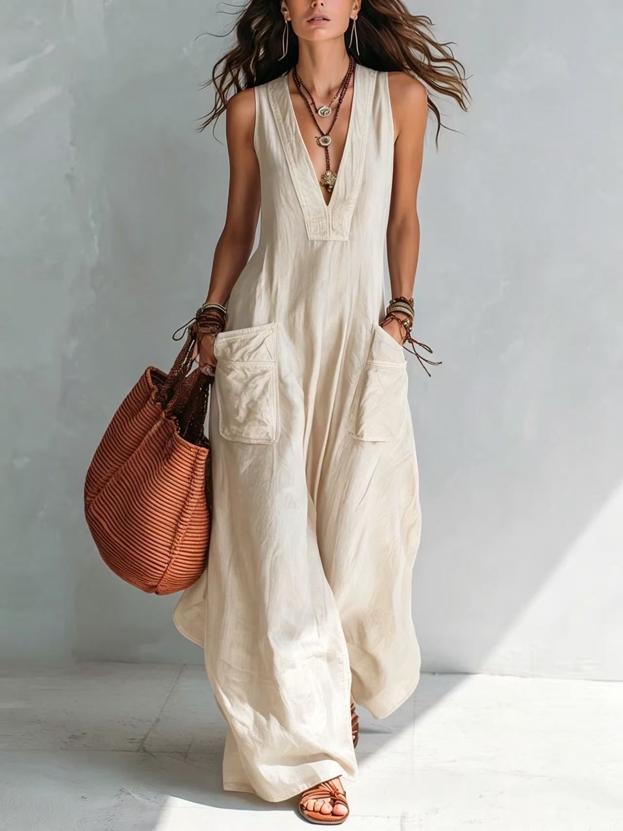 Bohemian style Wide leg Jumpsuit With Practical Pockets