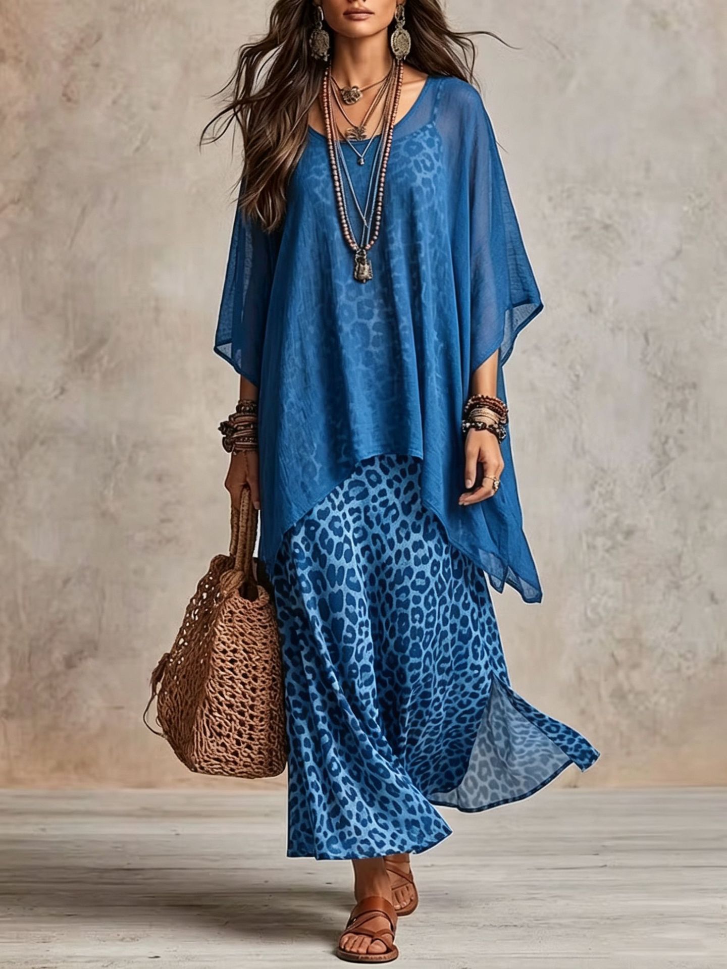 Leopard Print Cami Maxi Dress + Sheer Batwing Cover-Up Two-Piece Set