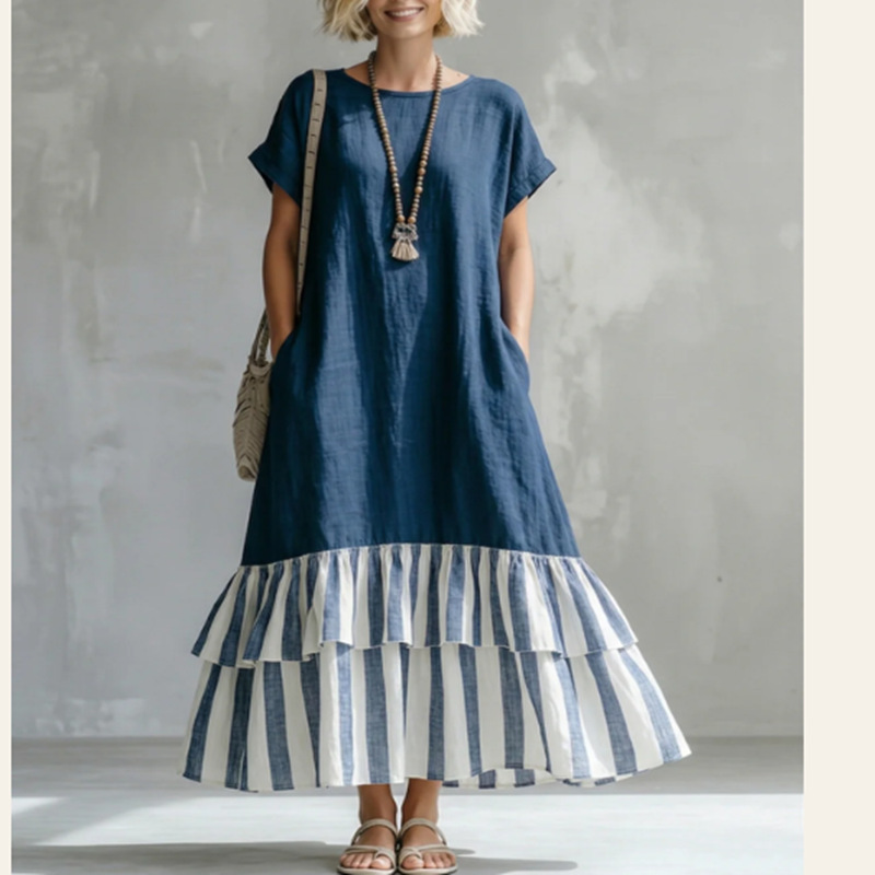 Solid Navy Top Striped Tiered Ruffle Hem Linen Midi Dress